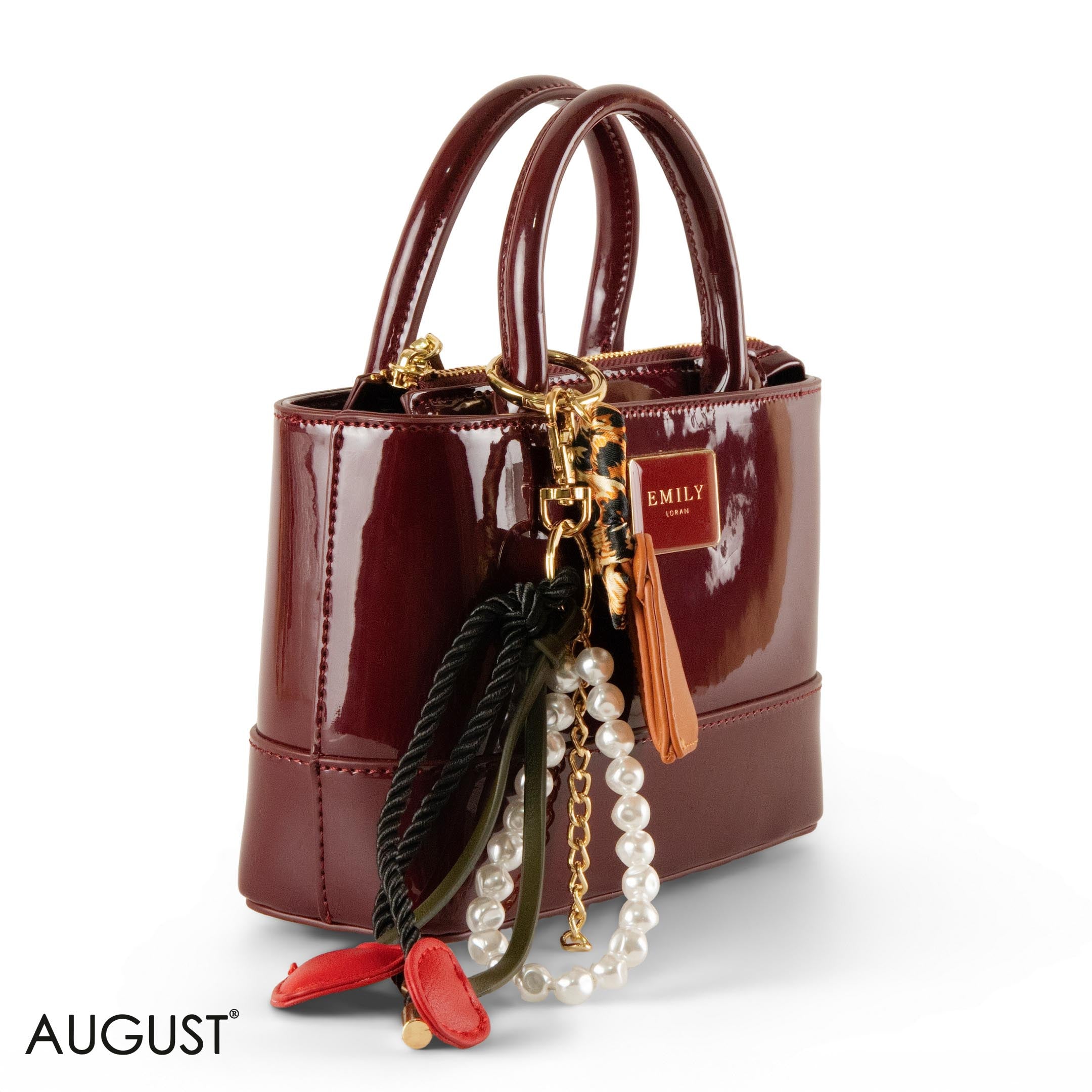 MAROON GLOSSY LEATHER HANDBAG WITH ACCESSORIES- SMALL