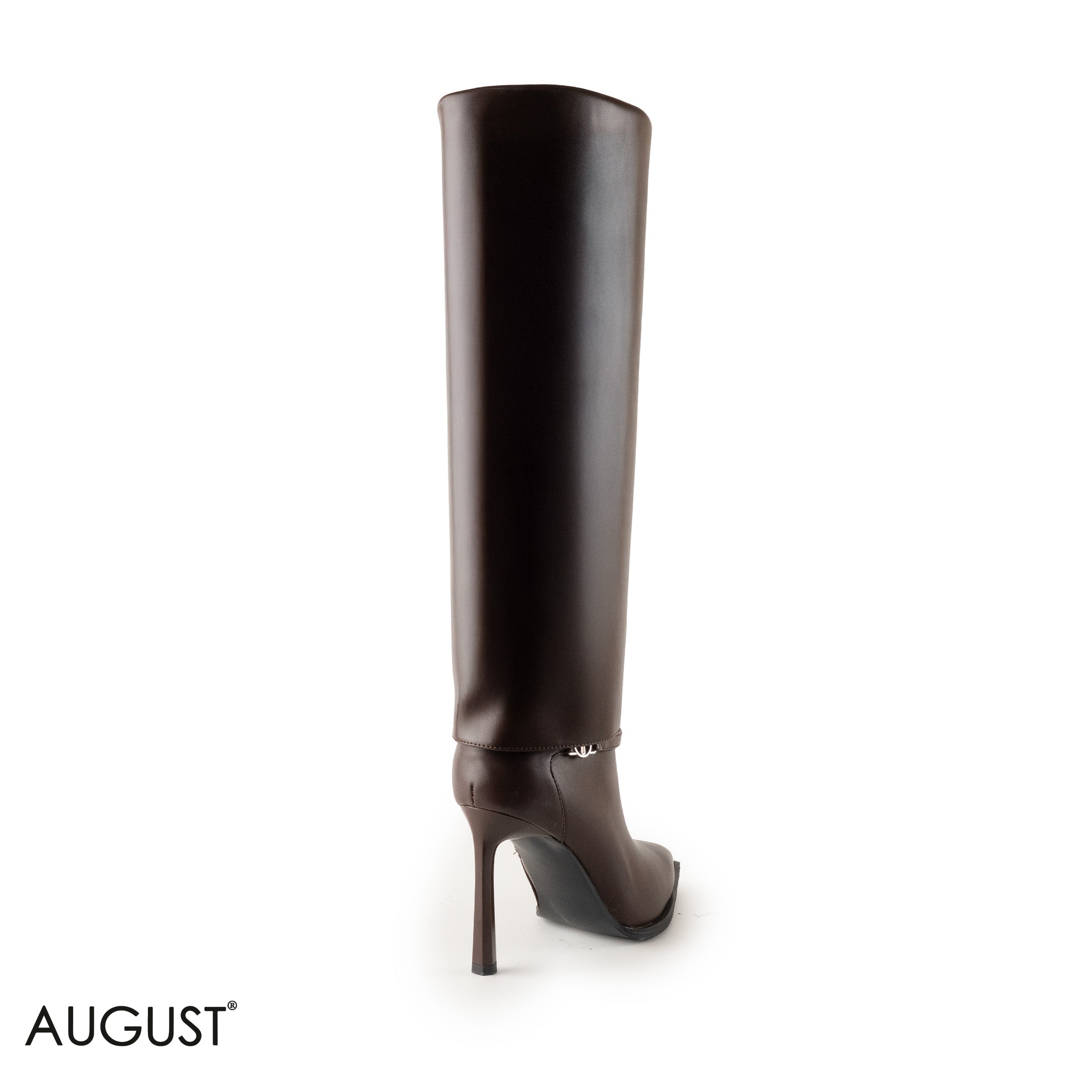 BROWN LEATHER STILETTOS HEELED BOOTS WITH BUCKLE DETAIL