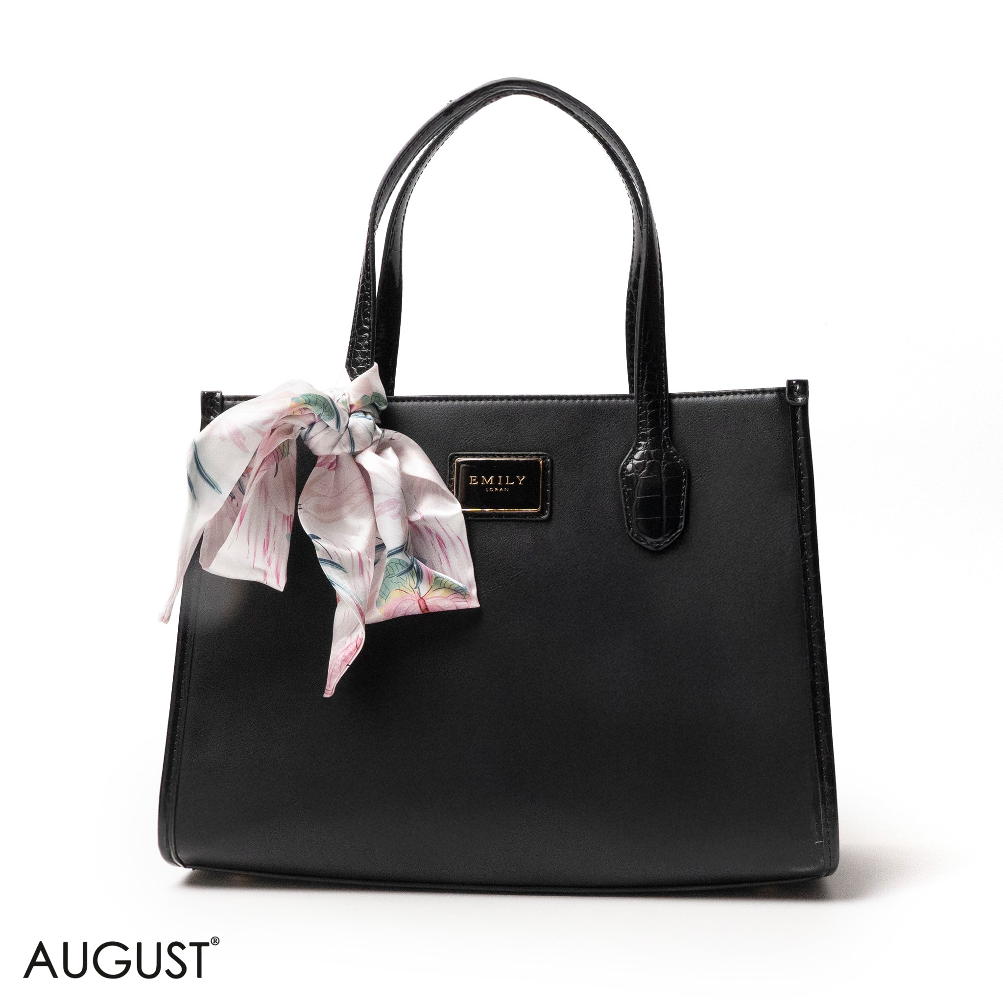 BLACK SMOOTH LEATHER HANDBAG WITH FLORAL PRINT SCARF - LARGE