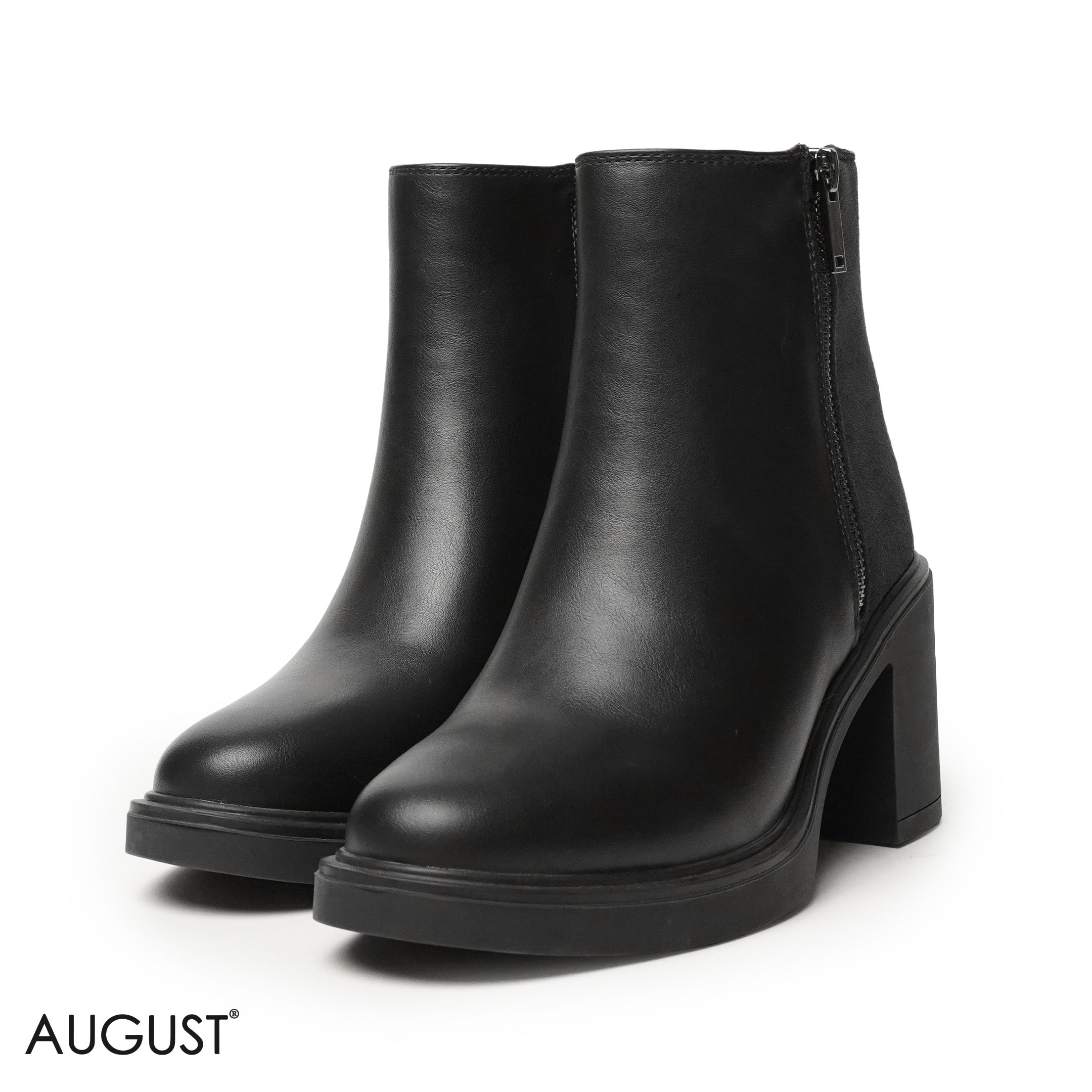 BLACK  LEATHER HEELED BOOTS WITH CHAMOIS ACCENTS
