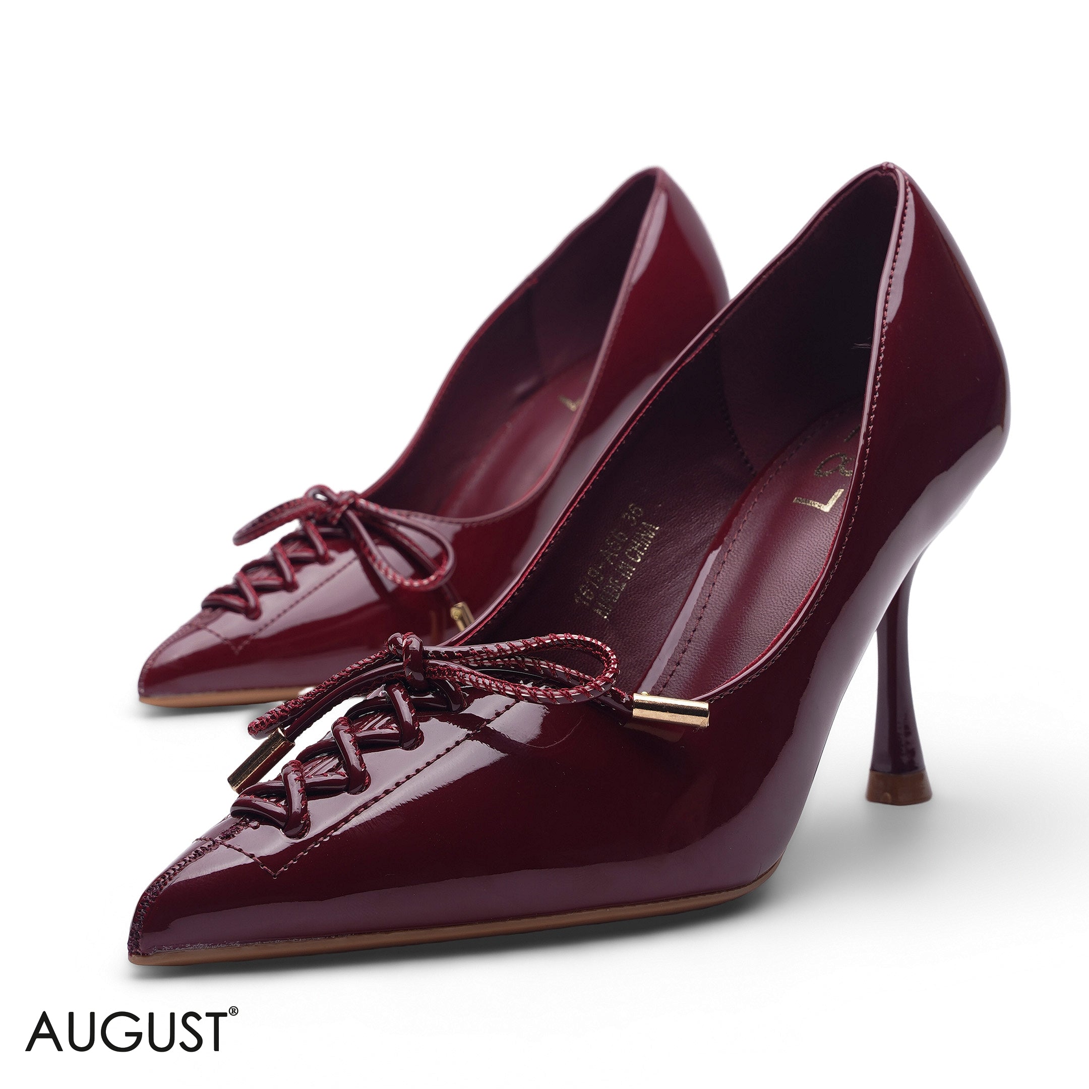 BURGUNDY GLOSSY PATENT LEATHER LACE-UP POINTED PUMPS