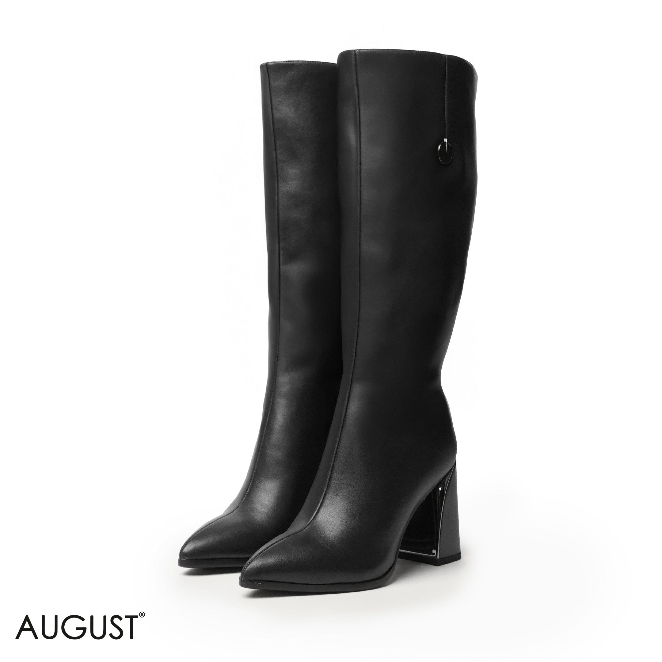 BLACK LEATHER HEELED LONG BOOTS WITH SIDE ZIPPER