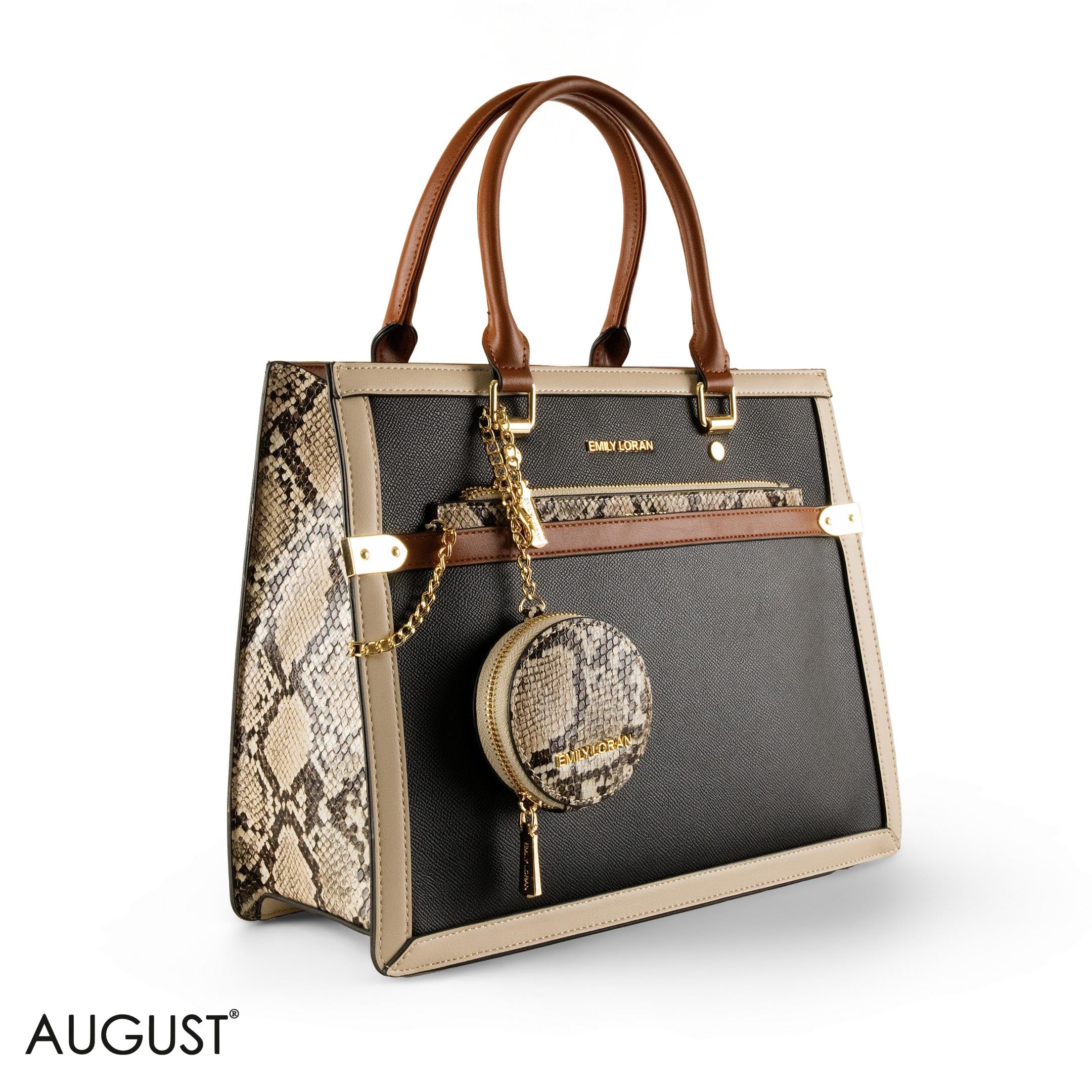 BLACK LEATHER EMILY LORAN HANDBAG WITH SNAKE DETAILS - LARGE