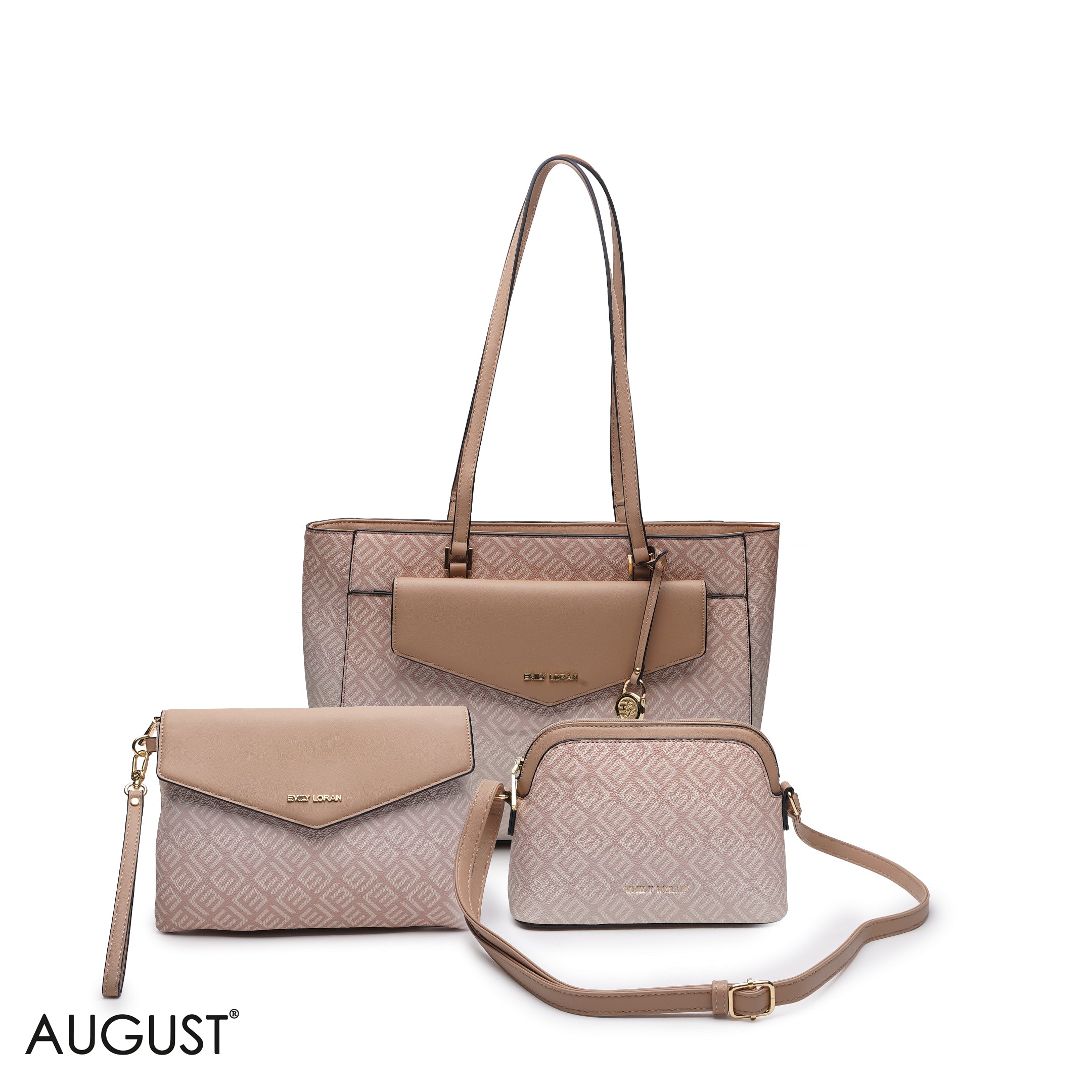PEACH MONOGRAM PRINT THREE PIECE MATCHING BAG SET