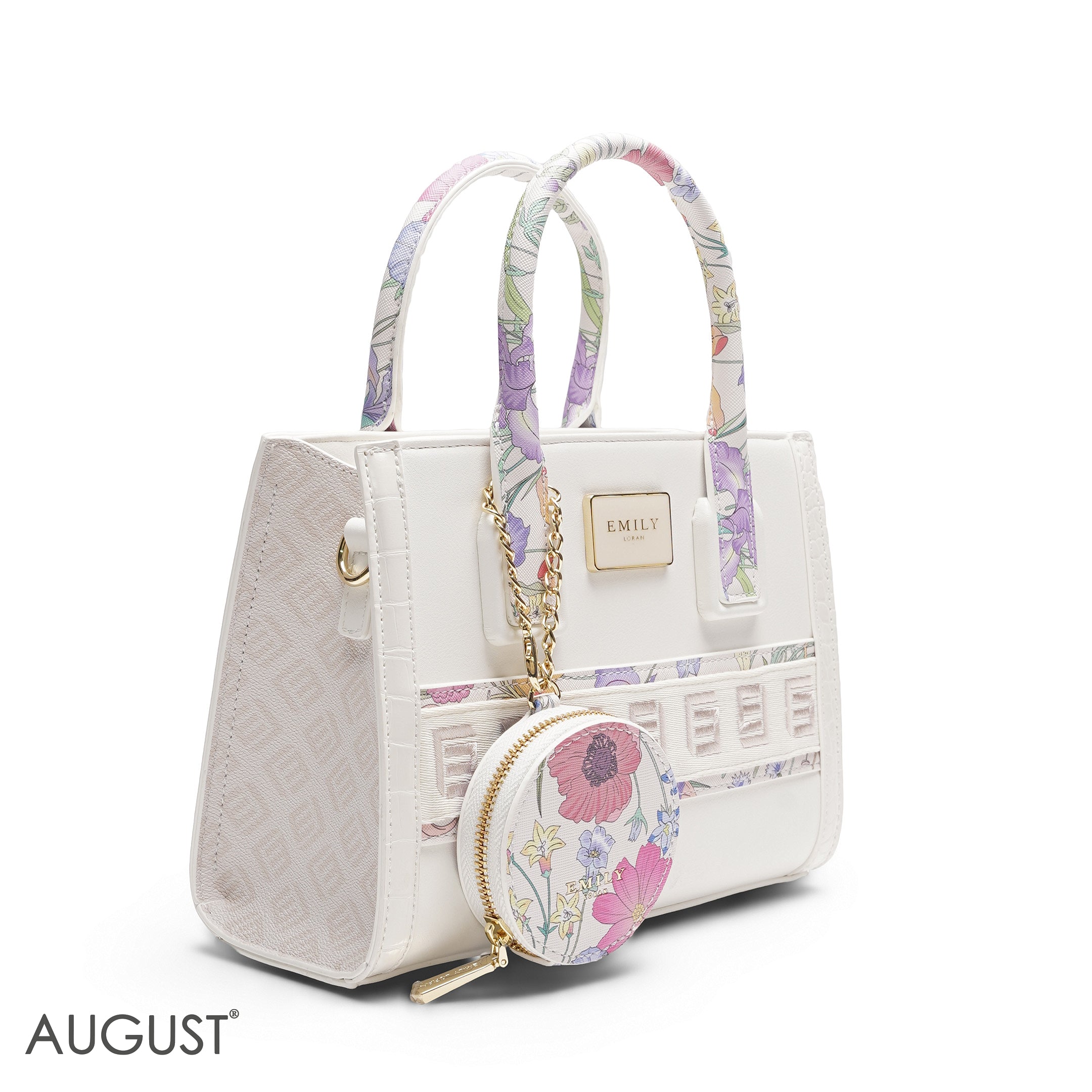 WHITE EMILY FLORAL ACCENT TOTE BAG WITH LOGO STRAP - MED