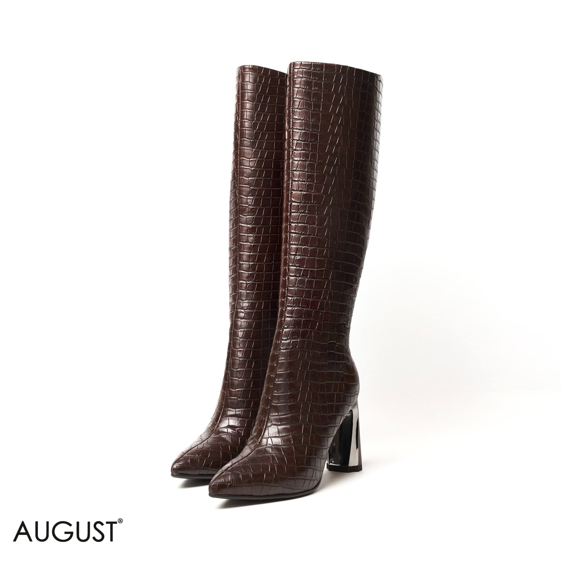 BROWN CROC LEATHER HEELED LONG BOOTS WITH SIDE ZIPPER