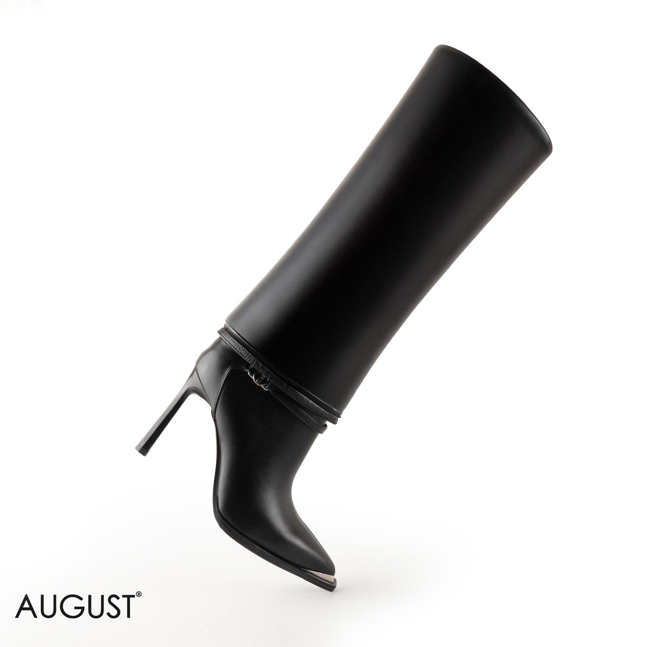 BLACK LEATHER STILETTOS HEELED BOOTS WITH BUCKLE DETAIL