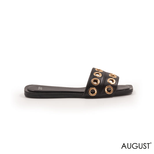 BLACK LEATHER FLAT SLIPPERS WITH GOLD GROMMETS
