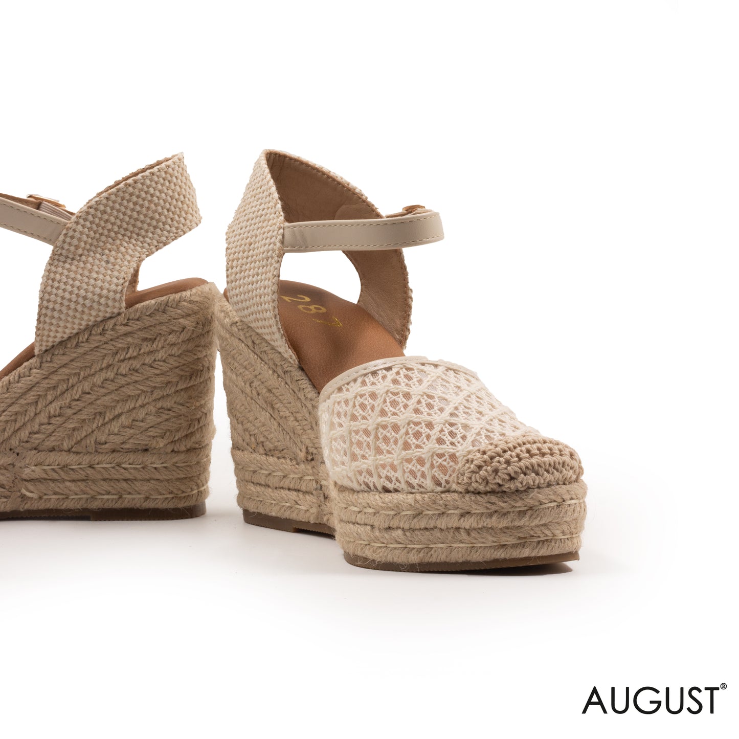 OFF WHITE LACE DATAIL WEDGE SANDALS WITH BUCKLE