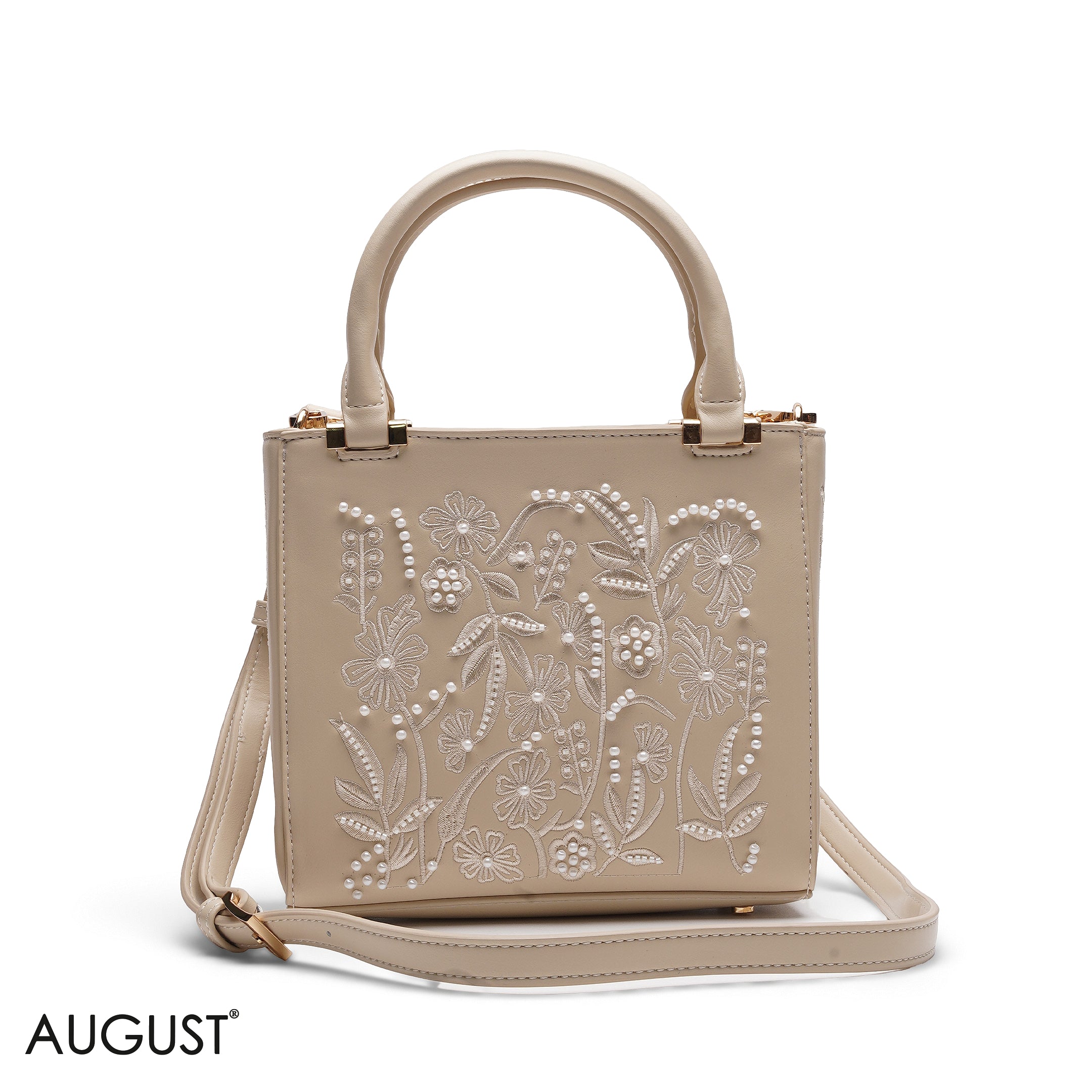 BEIGE FLORAL PEARL EMBROIDERED TOTE BAG