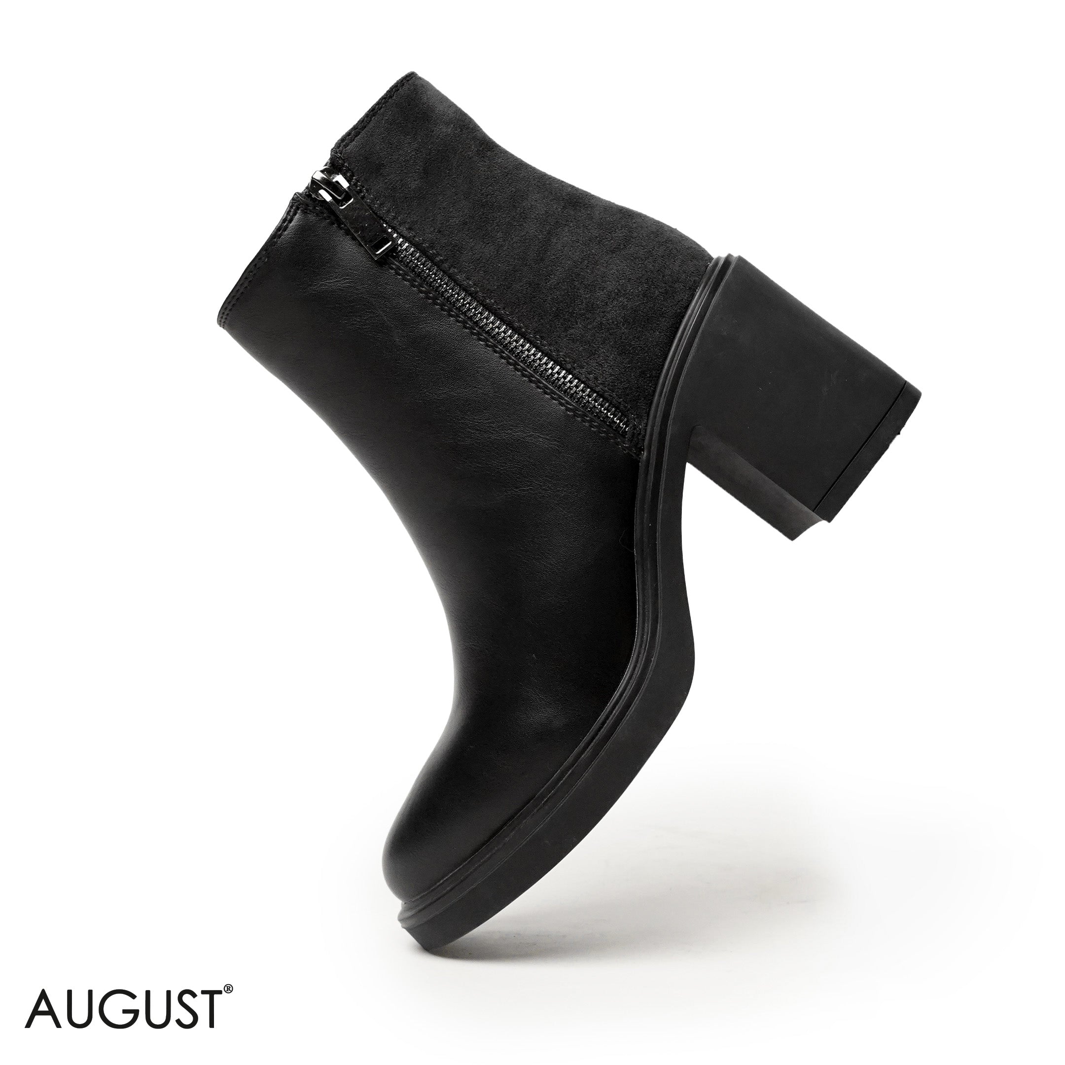 BLACK  LEATHER HEELED BOOTS WITH CHAMOIS ACCENTS