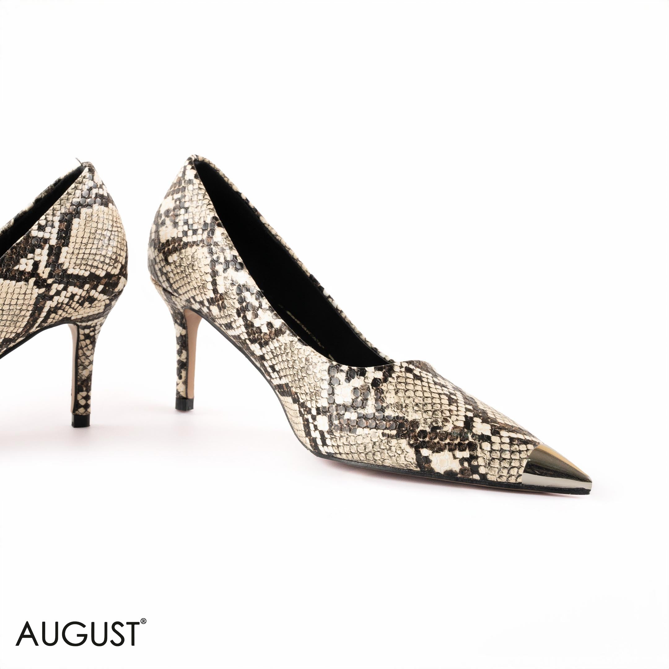 SNAKE LEATHER MED- HEEL SHOES METALLIC POINTED TOE