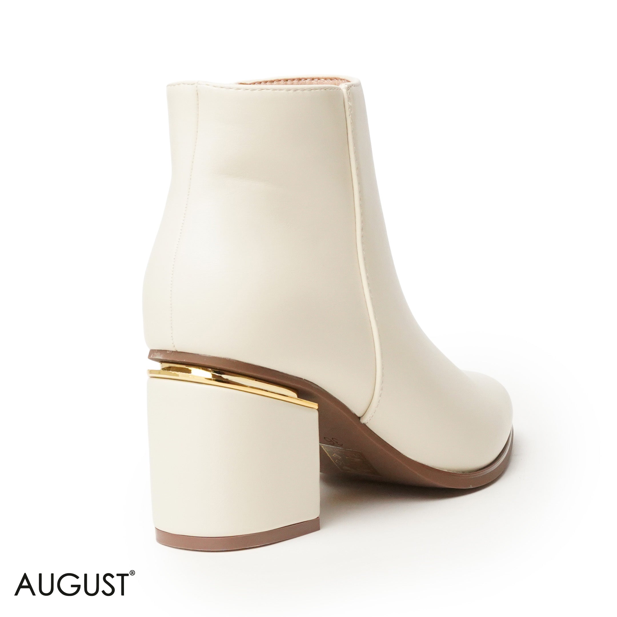 BEIGE LEATHER HEELED BOOTS WITH GOLD METALLIC TOUCH