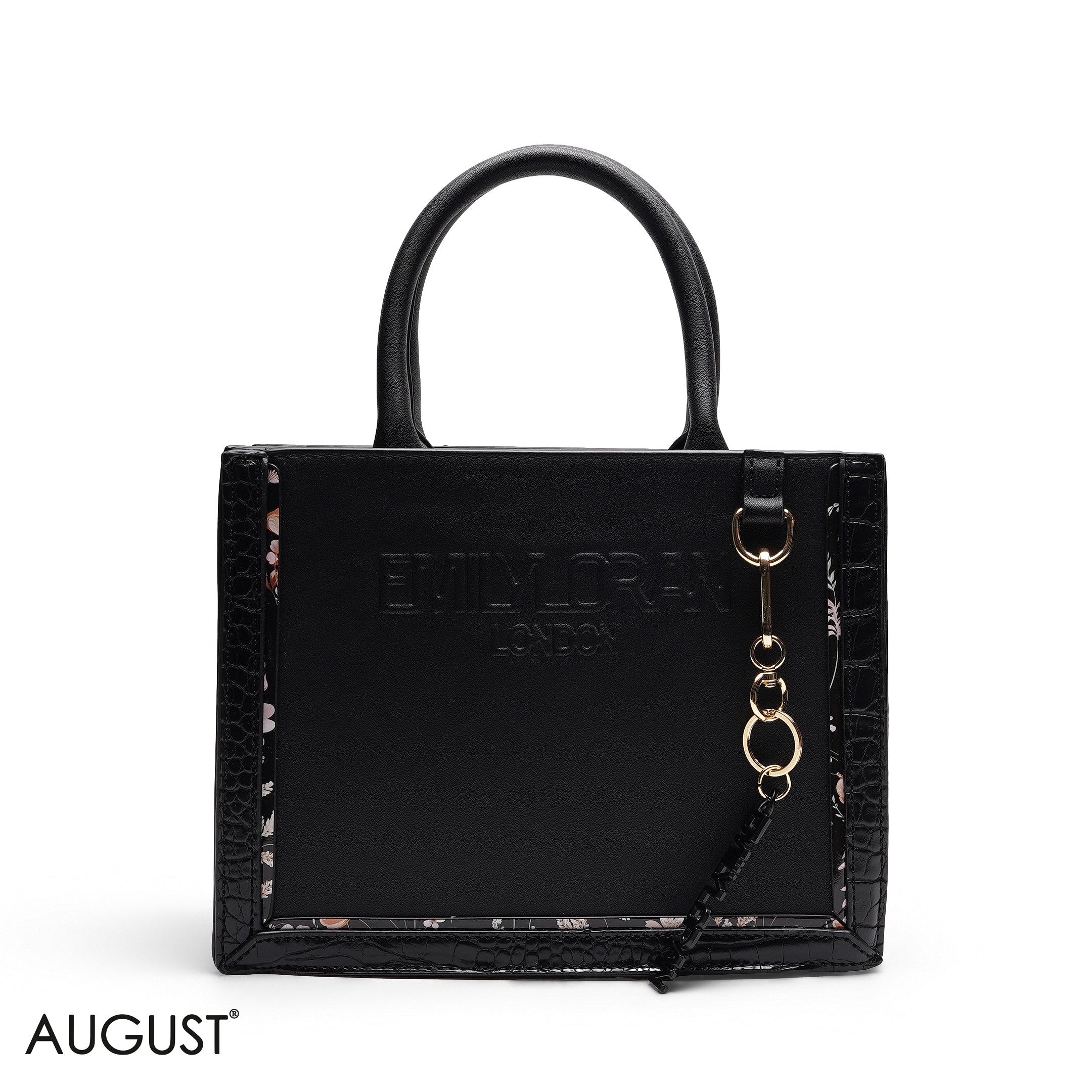 NAVY BLUEE EMBOSSED LOGO SQUARE TOP HANDLE BAG