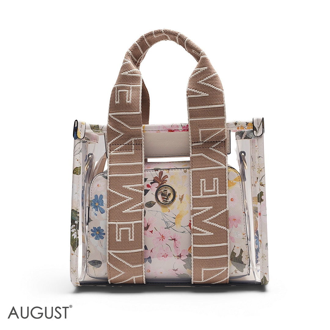BEIGE TRANSPARENT BAG WITH FLORAL INNER POUCH