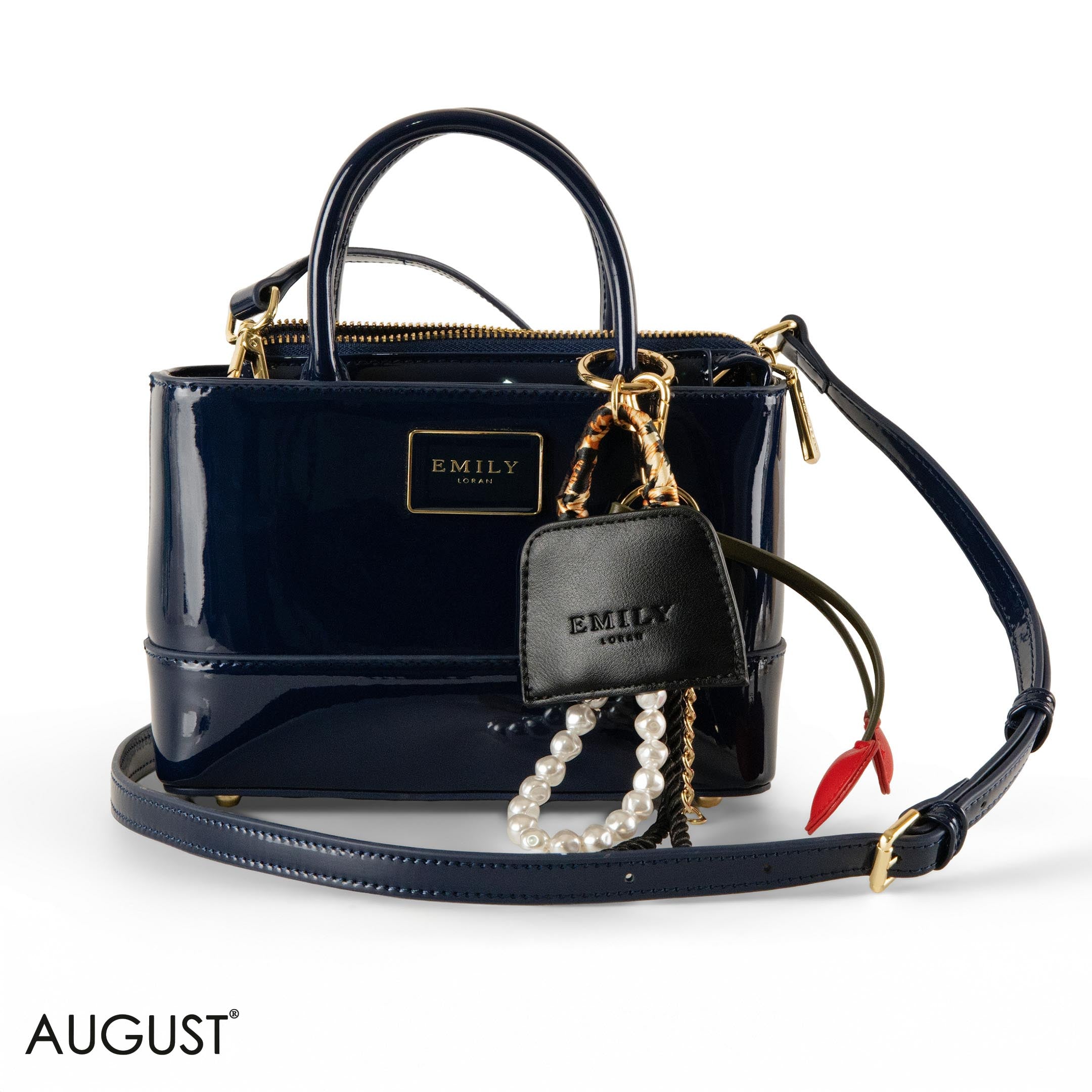 DARK BLUE GLOSSY LEATHER HANDBAG WITH ACCESSORIES- SMALL