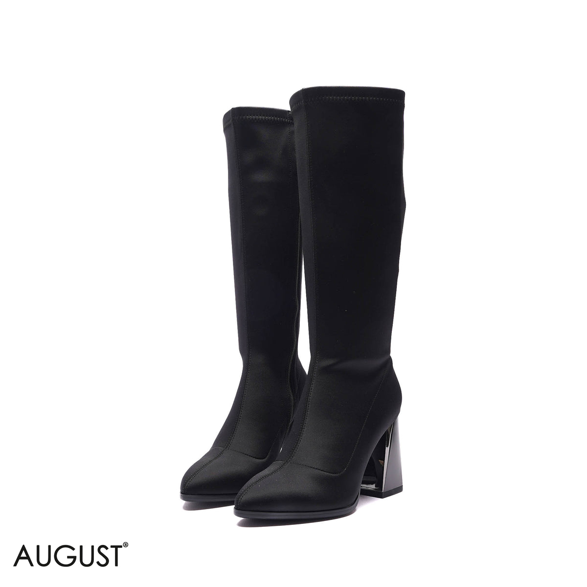 STRETCH KNIT KNEE-HIGH BLOCK HEEL BOOTS