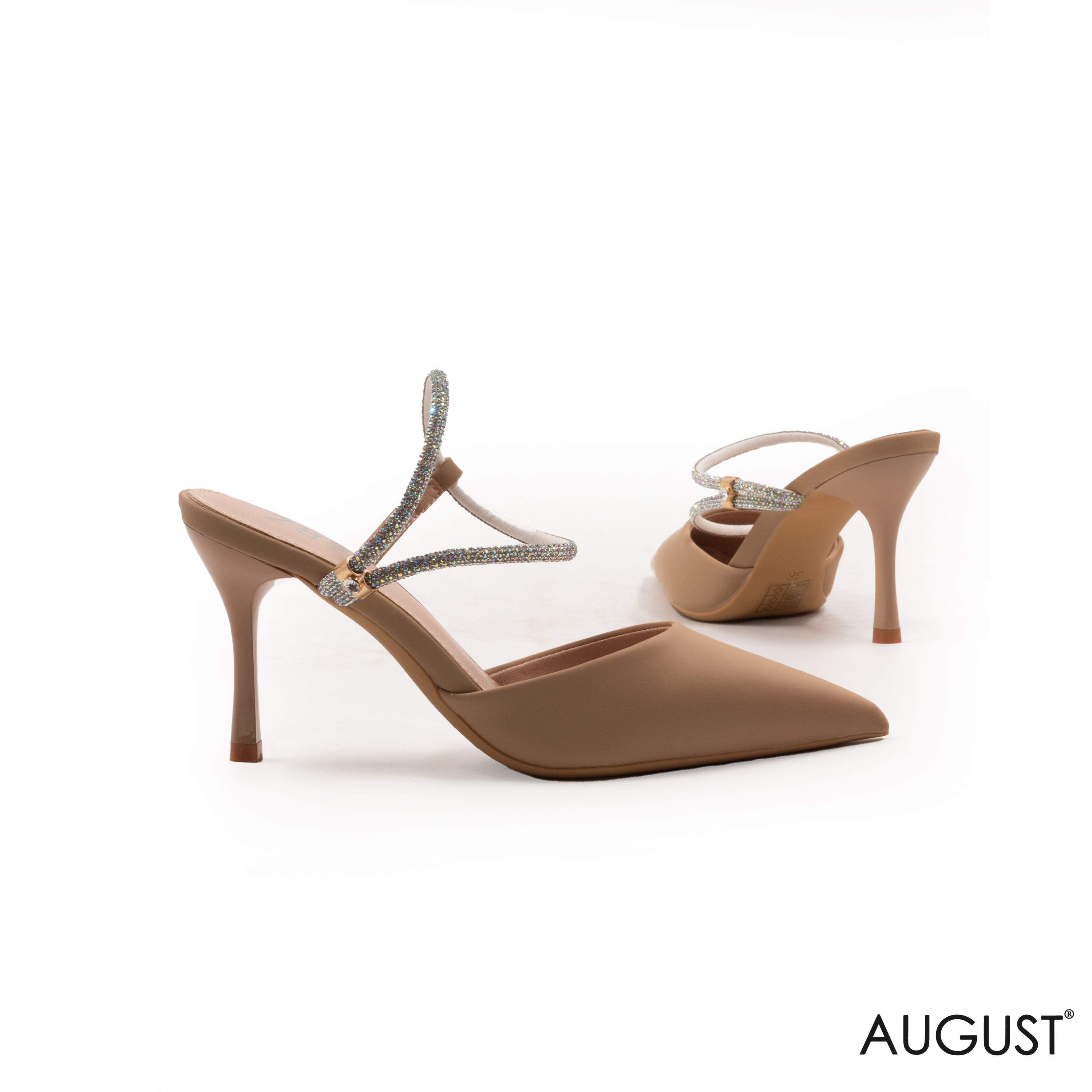 LEATHER MED-HEEL SHOES WITH RHINESTONE-STUDDED ANKLE STRAP