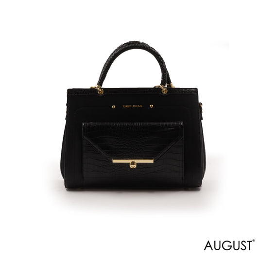 BLACK LEATHER HANDBAG WITH CROC ACCENT -LARGE