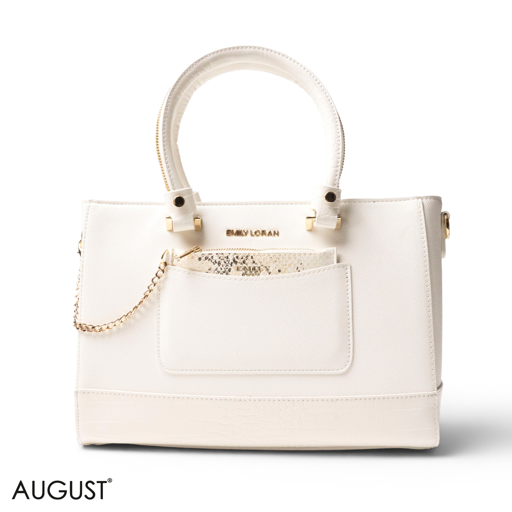 WHITE LEATHER SMOOTH HANDBAG WITH CROC DETAILS-LARGE