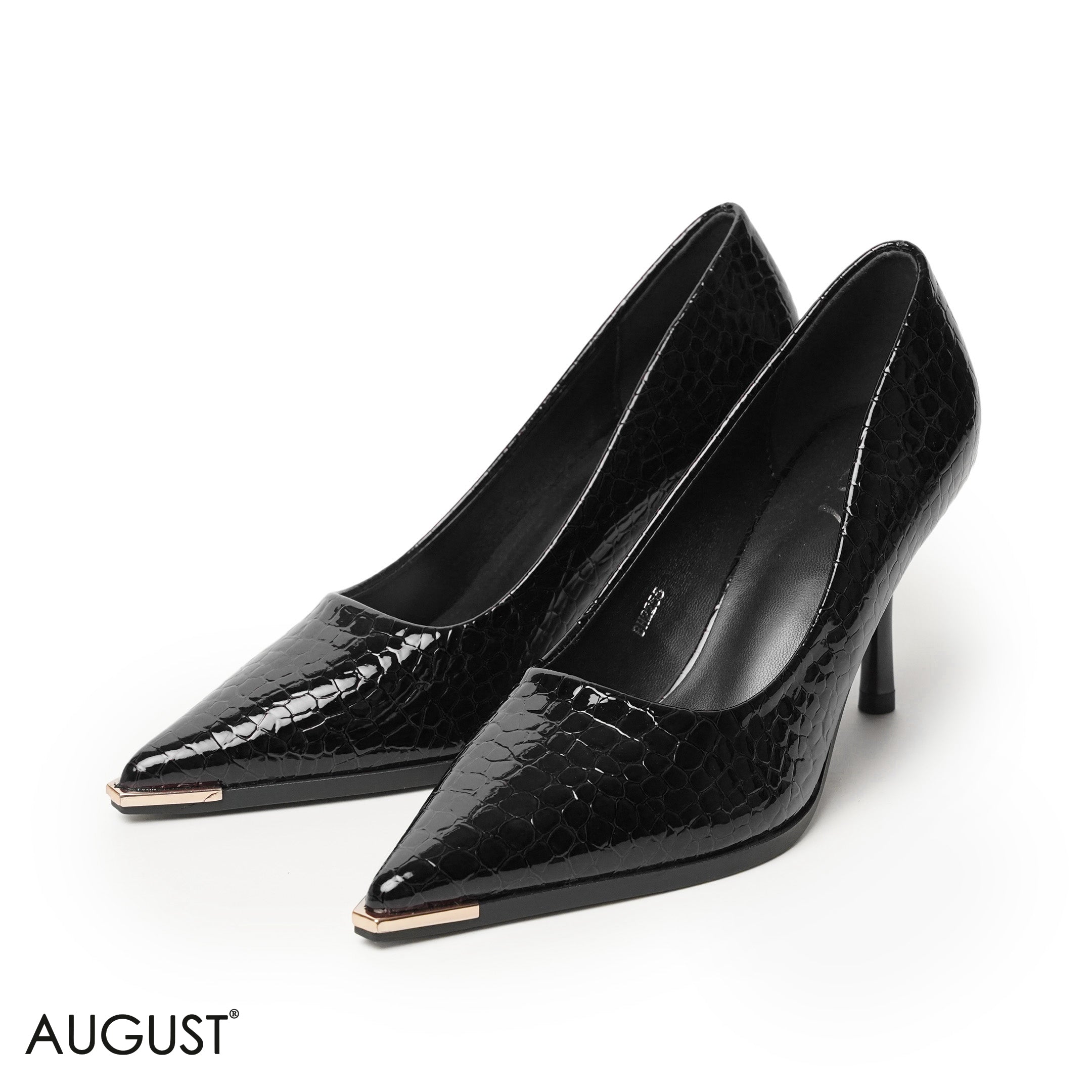 BLACK GLOSSY LEATHER HEELS WITH CROC ACCENTS