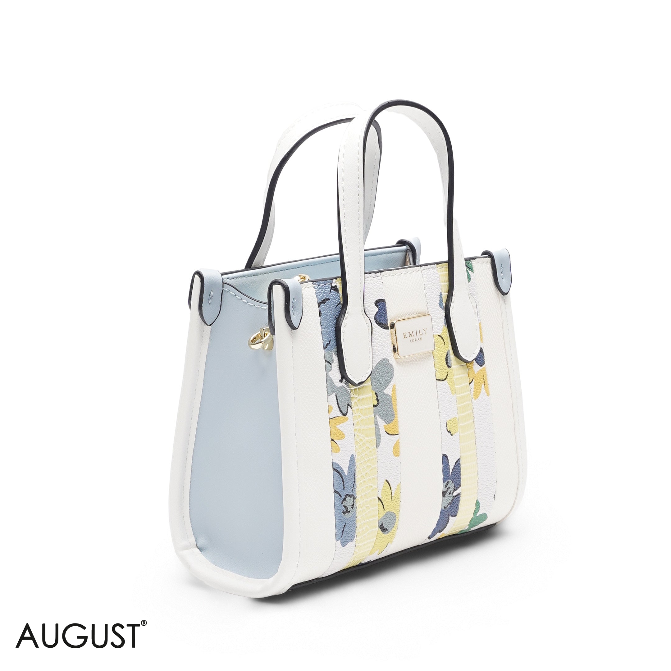 MINI WHITE BAG WITH BLUE & YELLOW ACCENTS WITH GOLD METAL STRAP