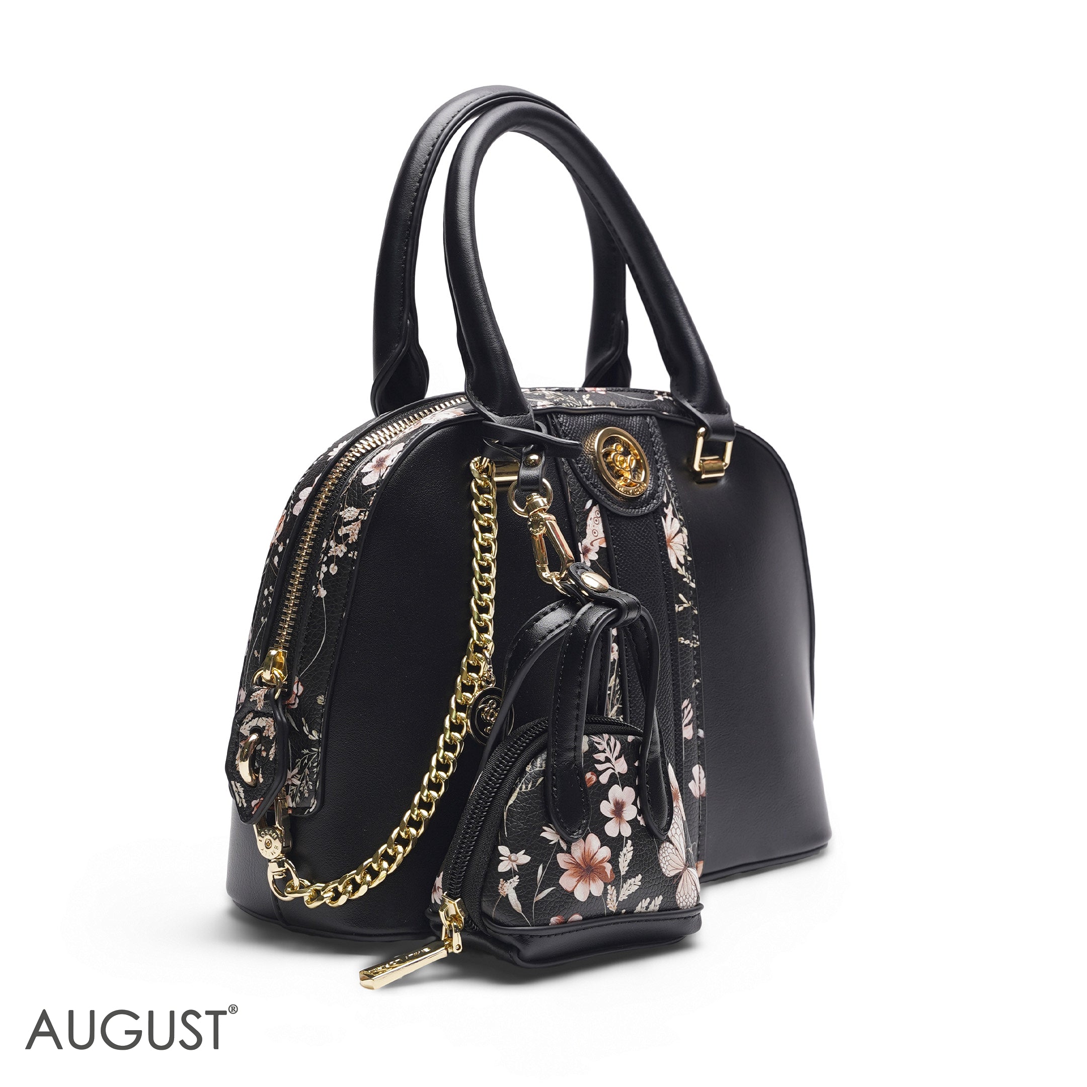 BLACK DOME BAG WITH PINK FLORAL PRINT - SMALL