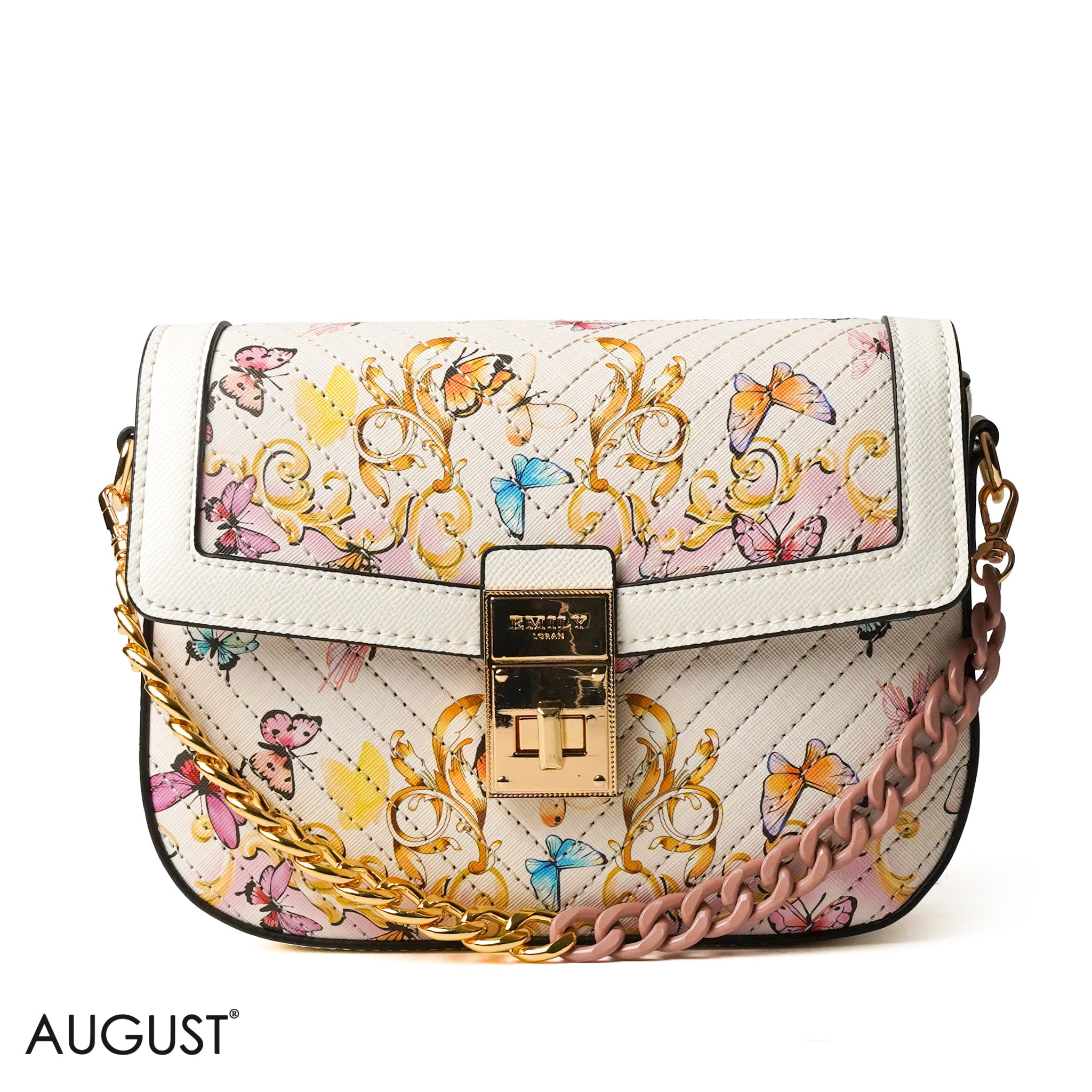 WHITE BUTTERFLY PRINTED CROSS BAG WITH SIMPLE BUFF DESIGN - SMALL