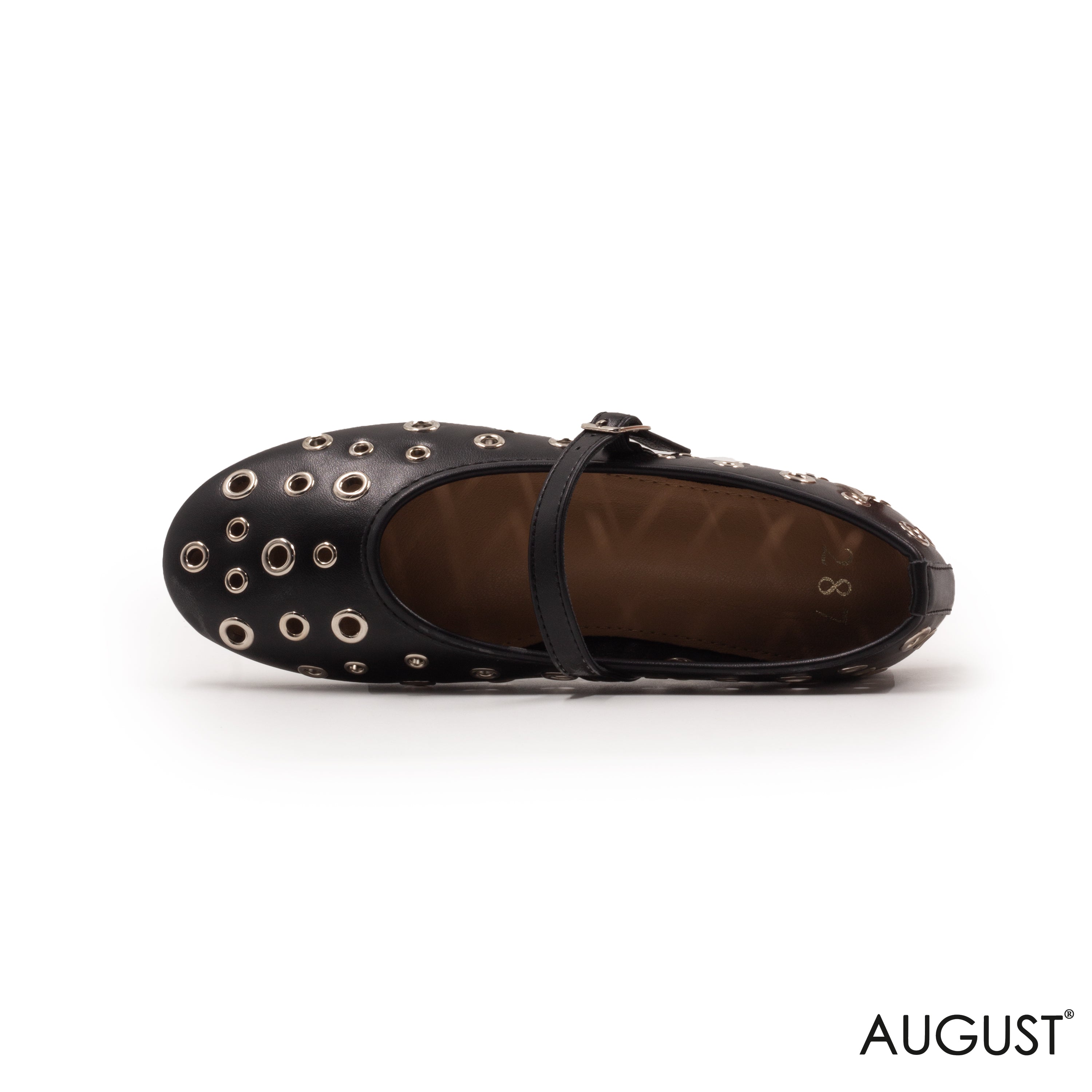 BLACK LEATHER FLAT BALLET  WITH METAL EYELETS AND BUCKLE