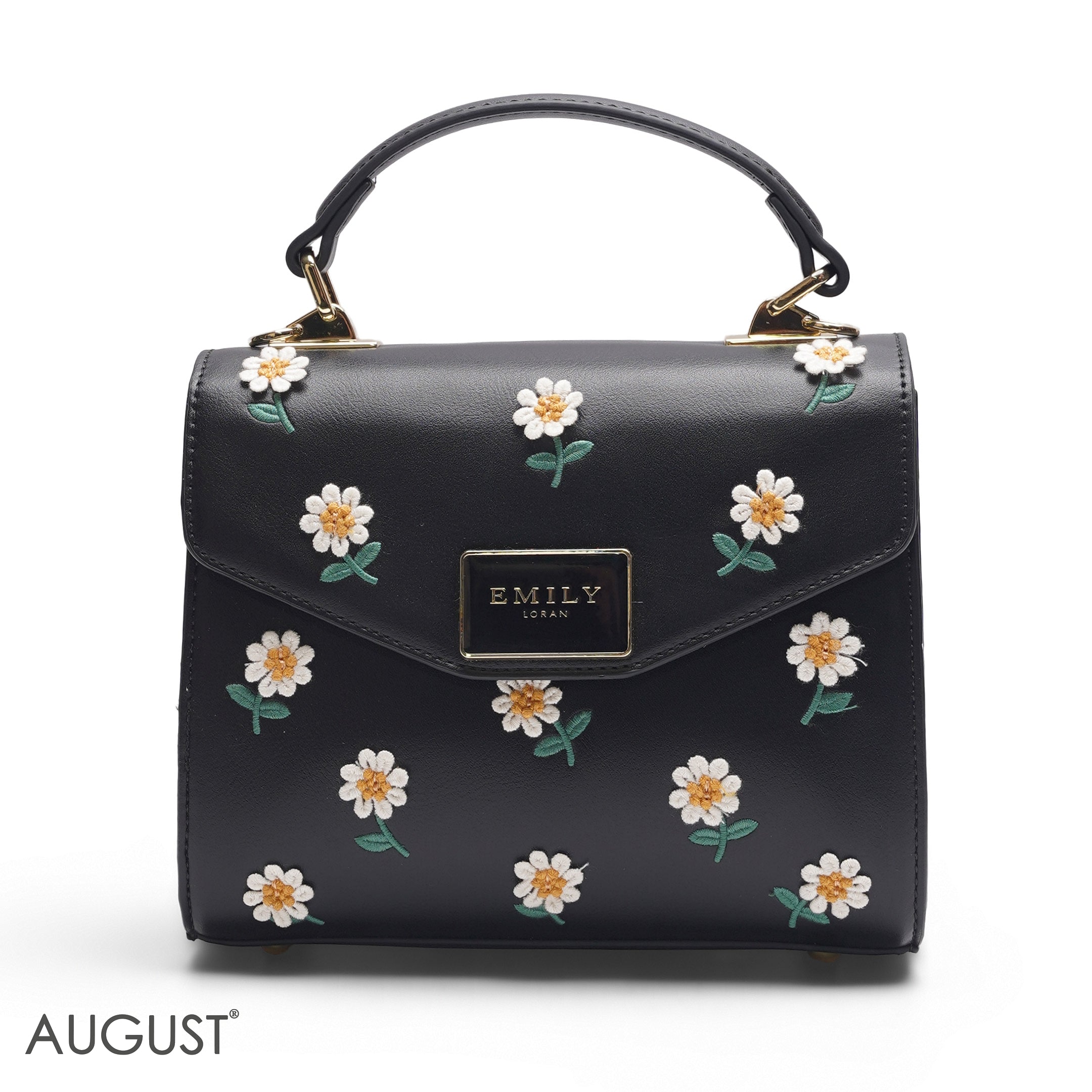 BLACK DAISY EMBROIDERED SATCHEL BAG - SMALL