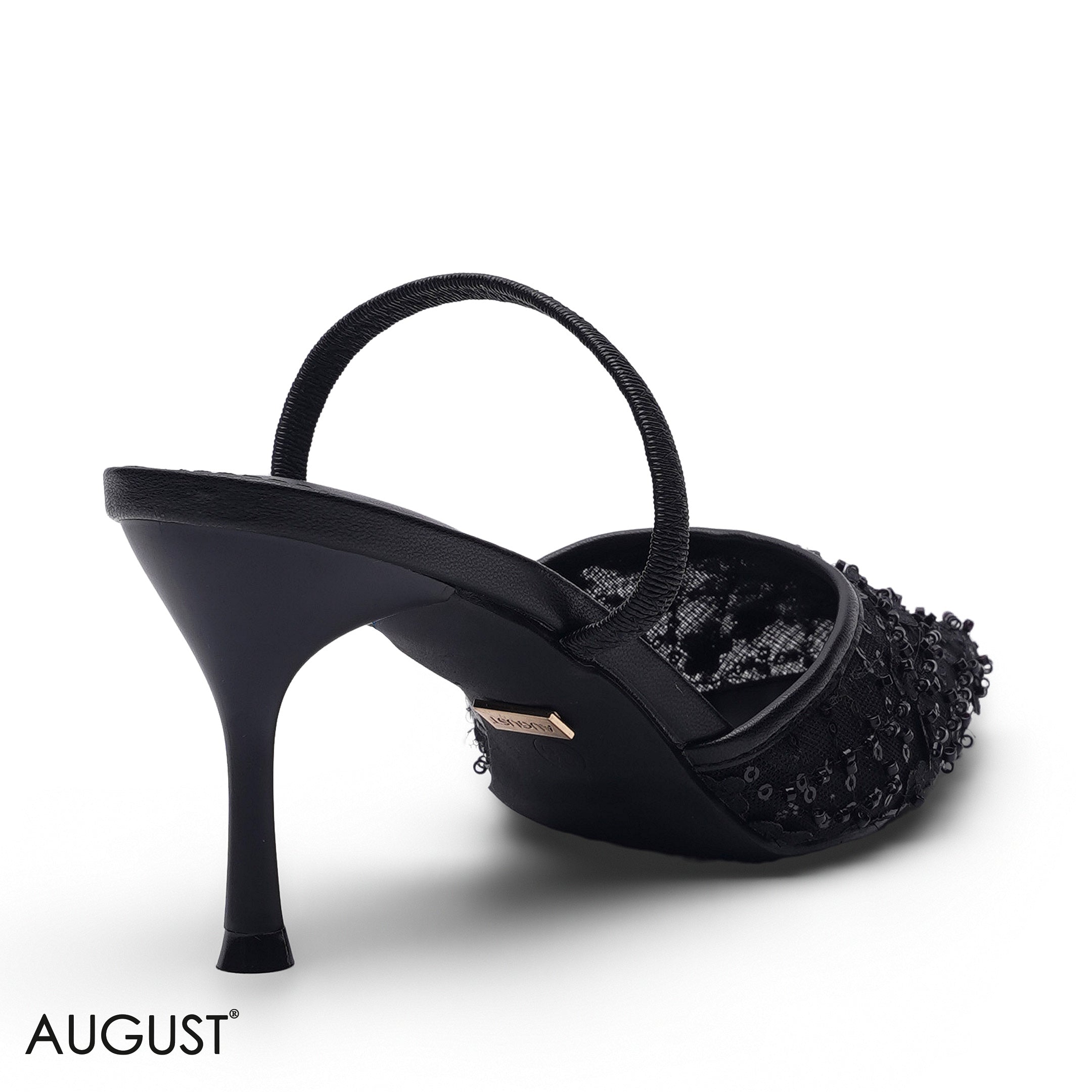 BLACK SEQUIN EMBROIDERED MESH SLINGBACK HEELS