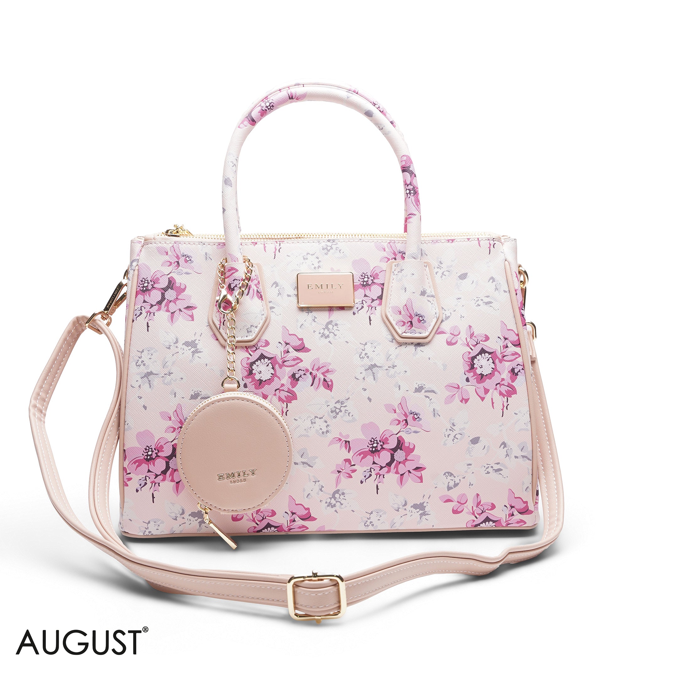 WHITE FLORAL TOTE BAG WITH POUCH - LARGE