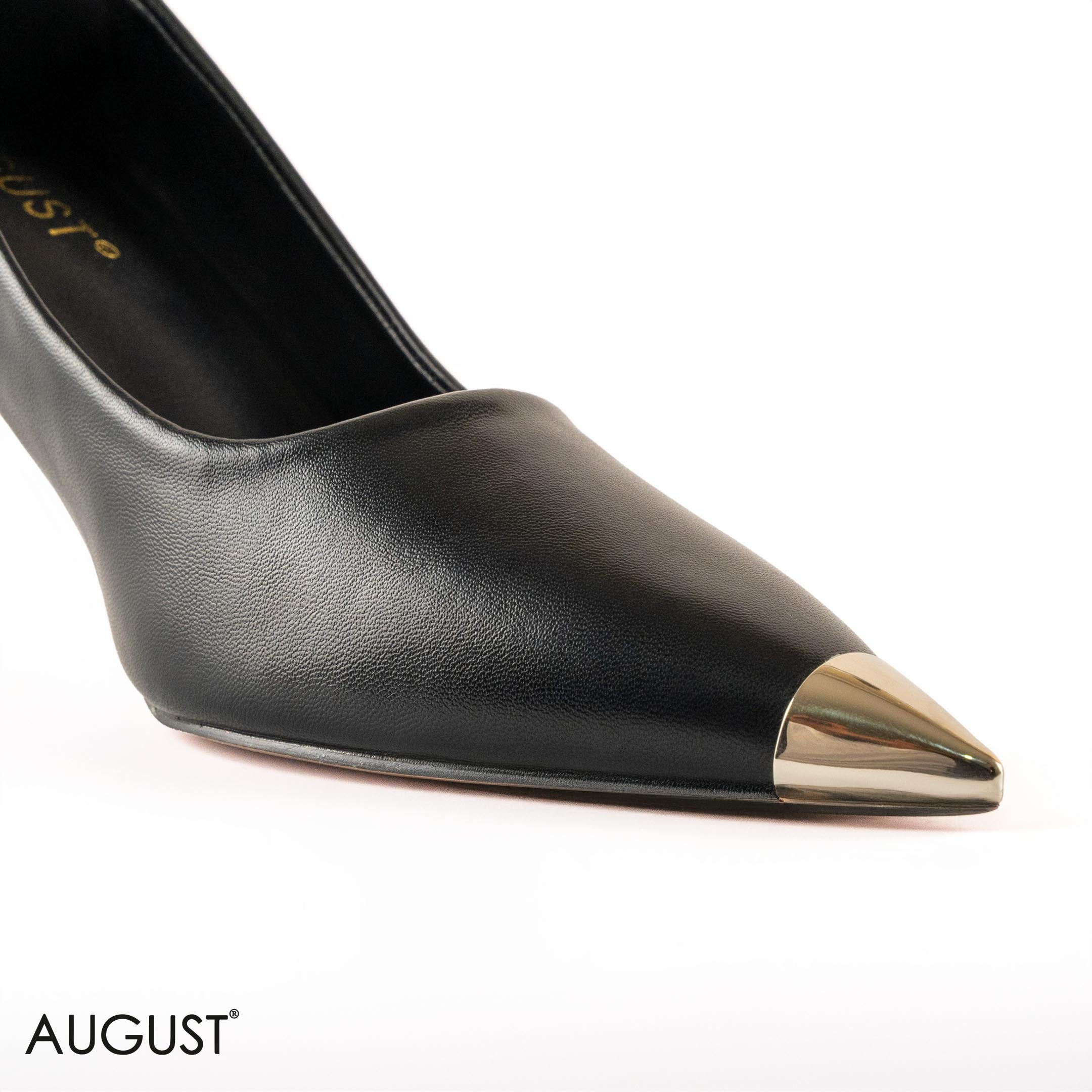 BLACK LEATHER MED- HEEL SHOES METALLIC POINTED TOE