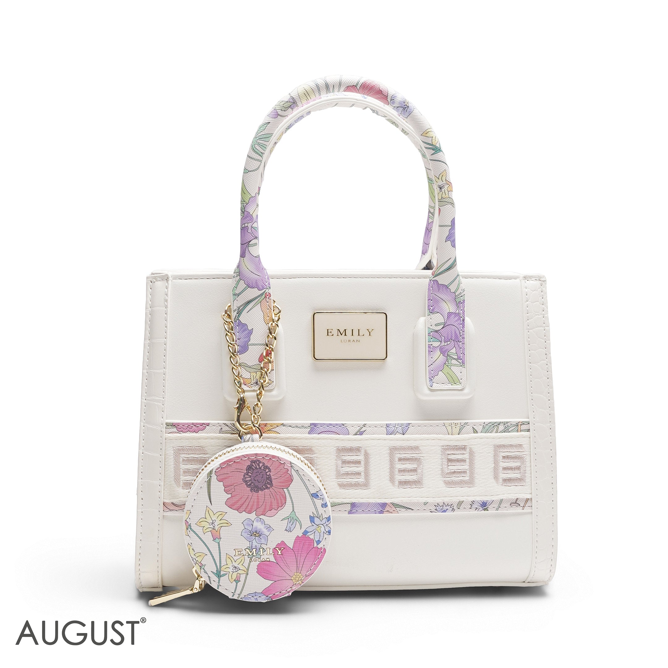 WHITE EMILY FLORAL ACCENT TOTE BAG WITH LOGO STRAP - MED