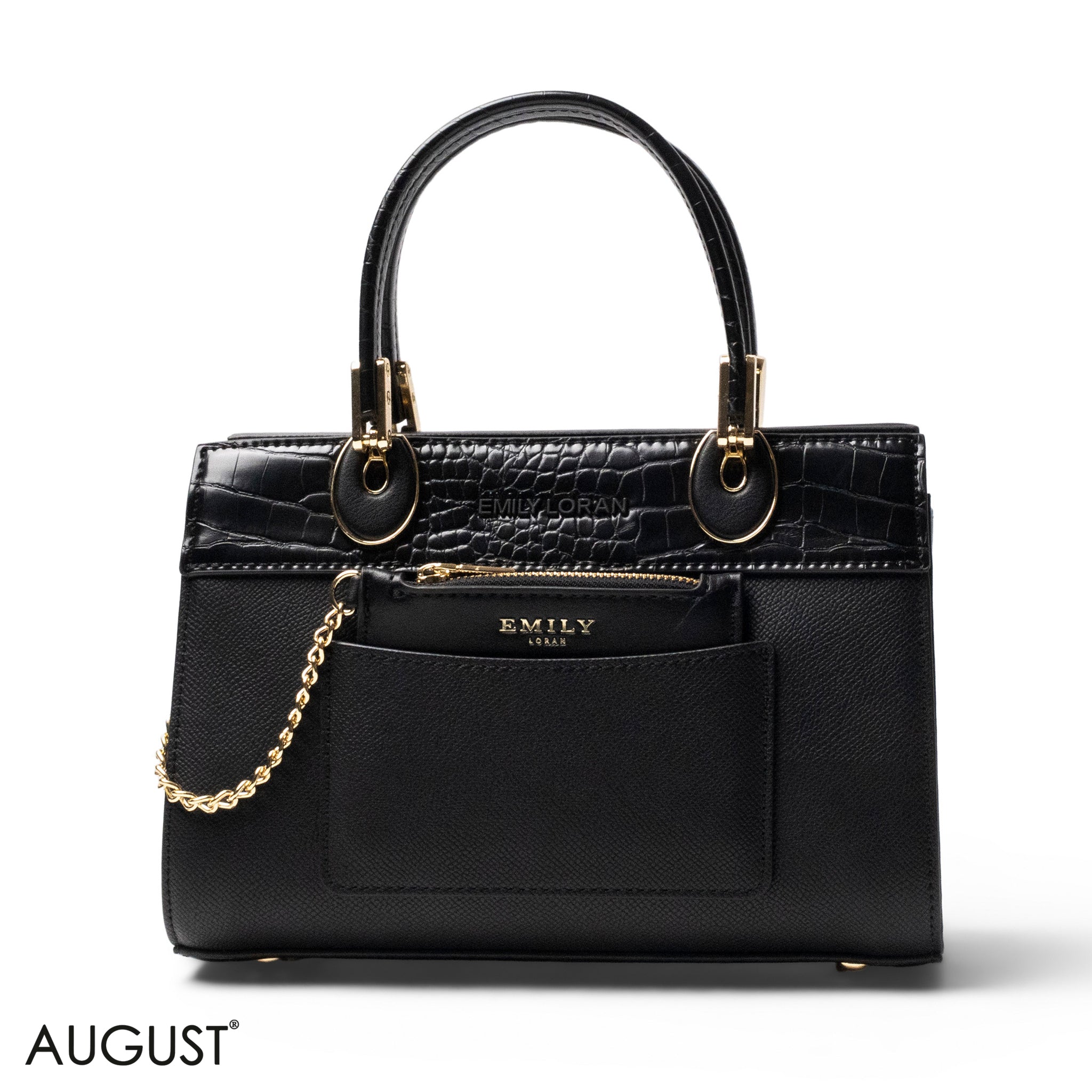 BLACK LEATHER SMOOTH HANDBAG WITH CROC DETAILS-SMALL