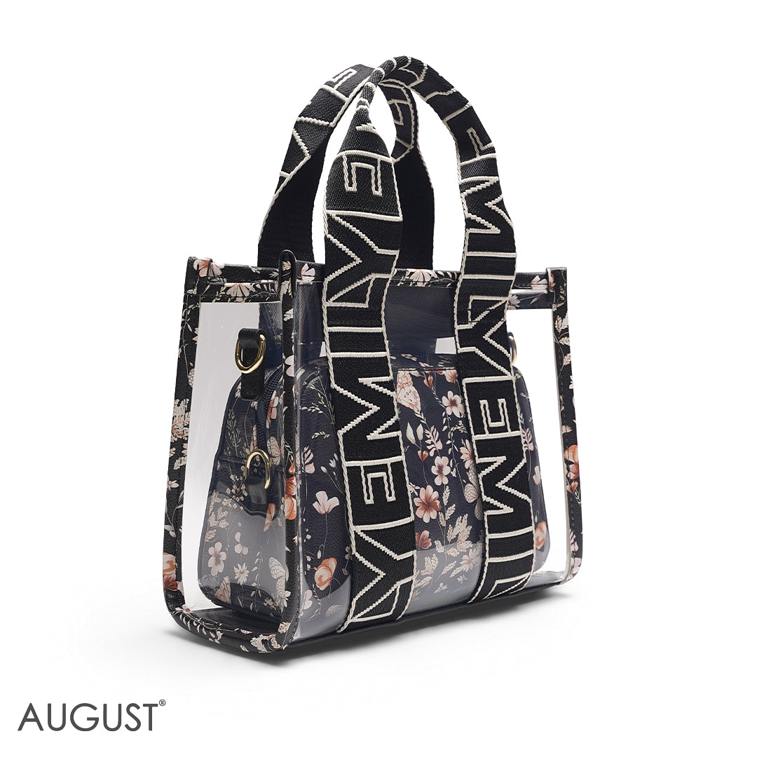 BLACK TRANSPARENT BAG WITH FLORAL INNER POUCH