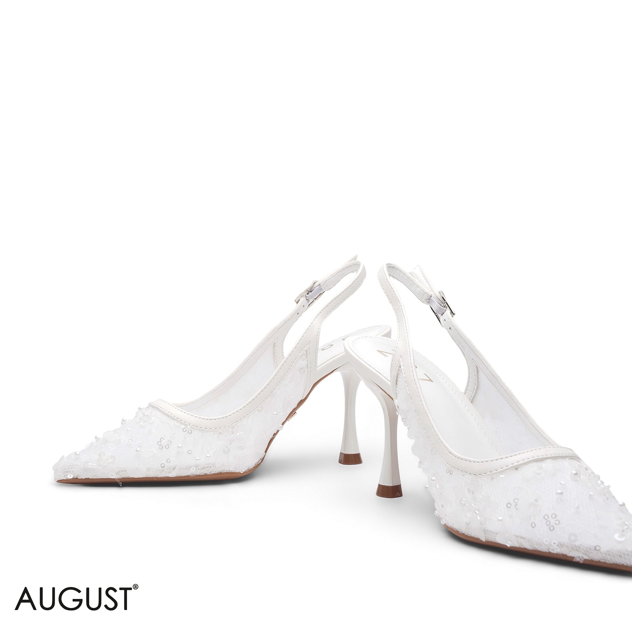 ELEGANT WHITE MESH FLORAL EMBROIDERED SLINGBACK HEELS