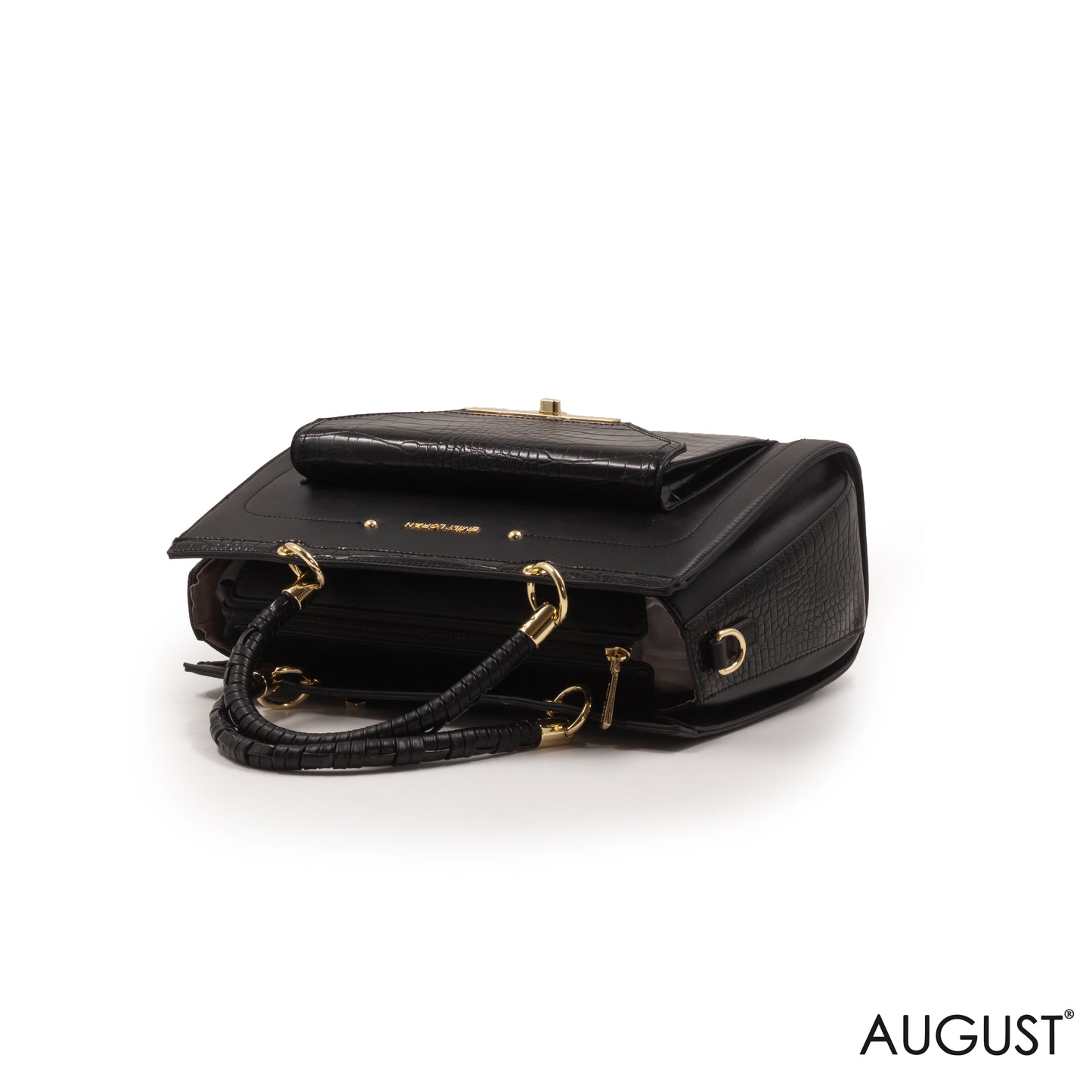 BLACK LEATHER HANDBAG WITH CROC ACCENT -LARGE