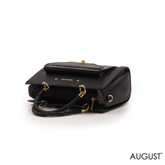 BLACK LEATHER HANDBAG WITH CROC ACCENT -LARGE