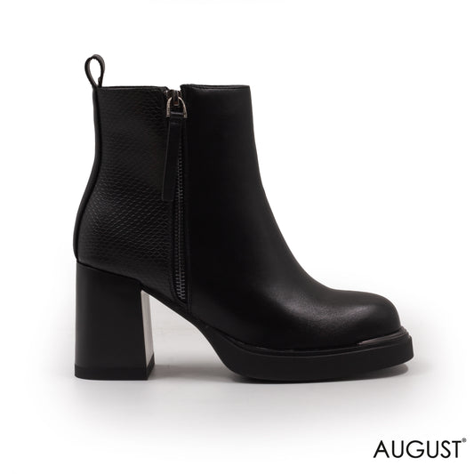 BLOCK HEEL LEATHER BLACK ANKLE BOOTS