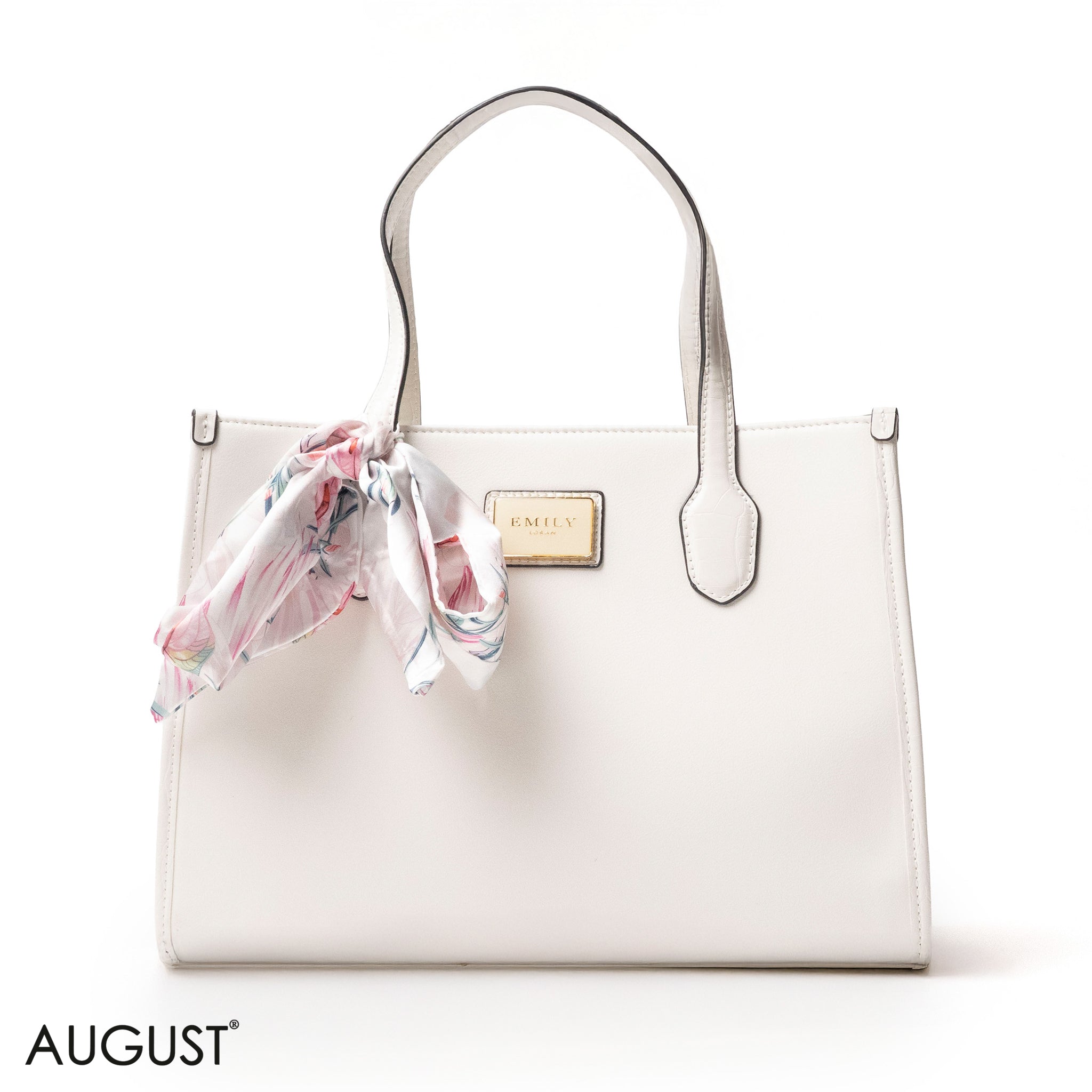 WHITE SMOOTH LEATHER HANDBAG WITH FLORAL PRINT SCARF - LARGE