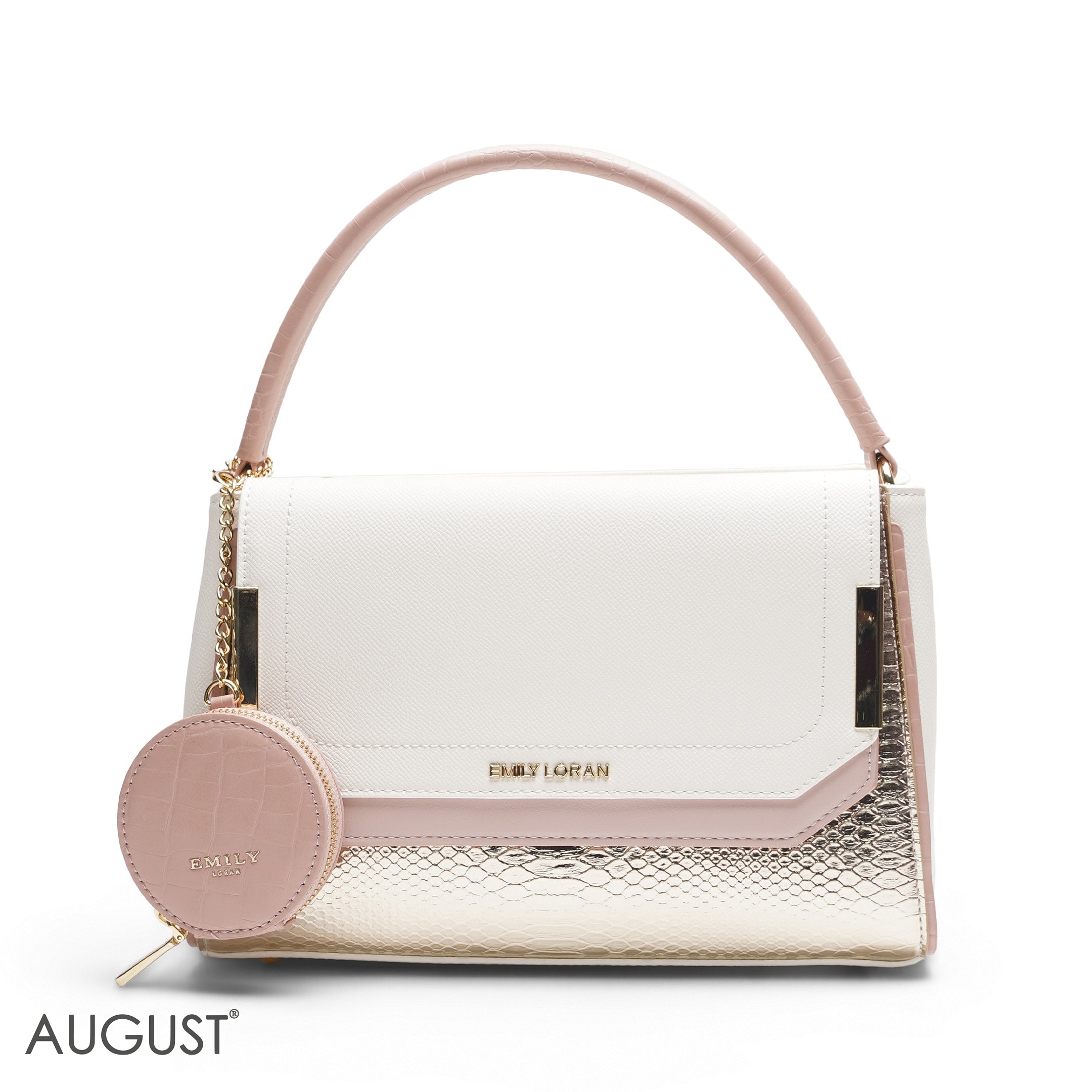 EMILY WHITE & ROSE GOLD SNAKESKIN SATCHEL BAG WITH ROUND POUCH - MED