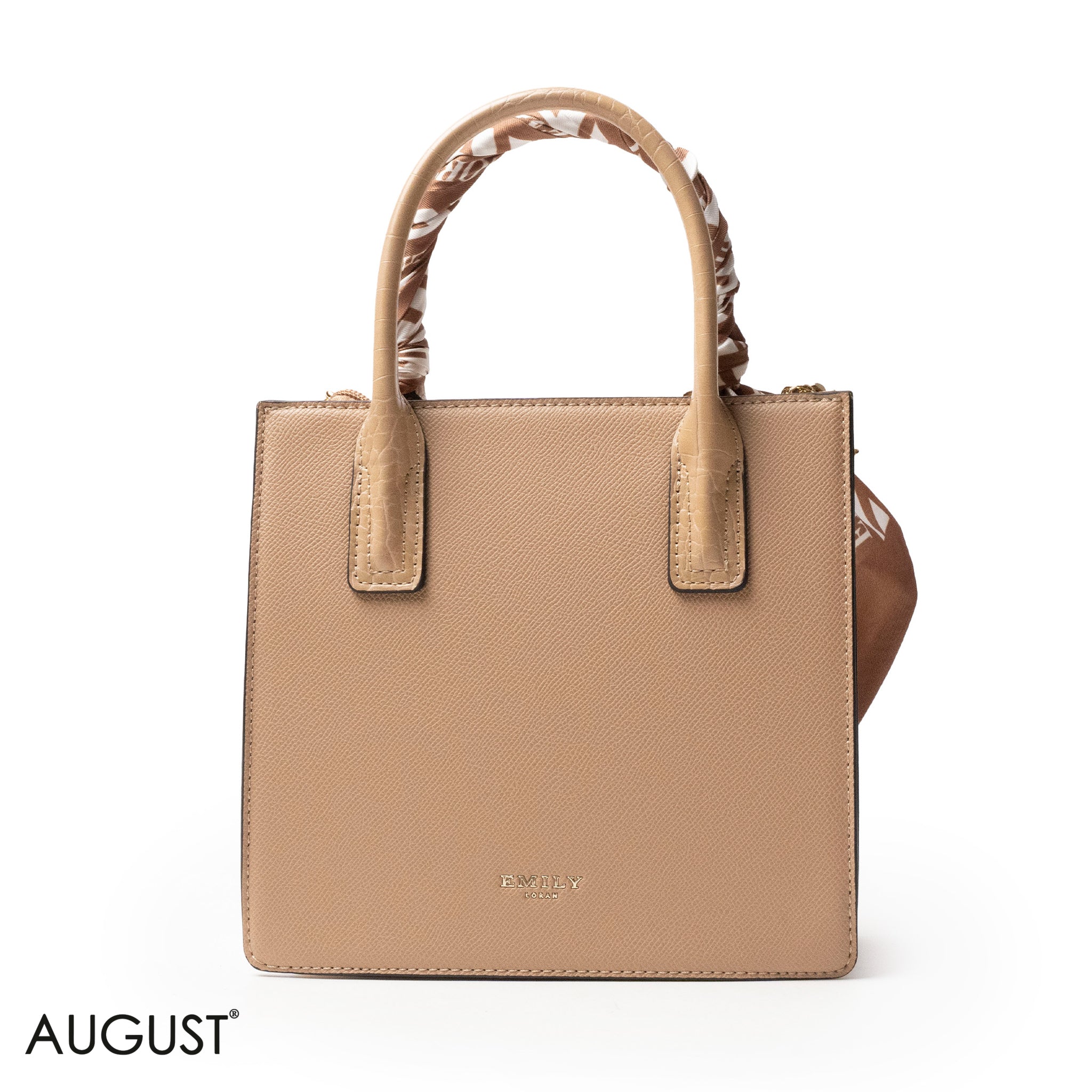 BEIGE LEATHER HANDBAG WITH SILKY SCARF, METAL CHAIN - MED