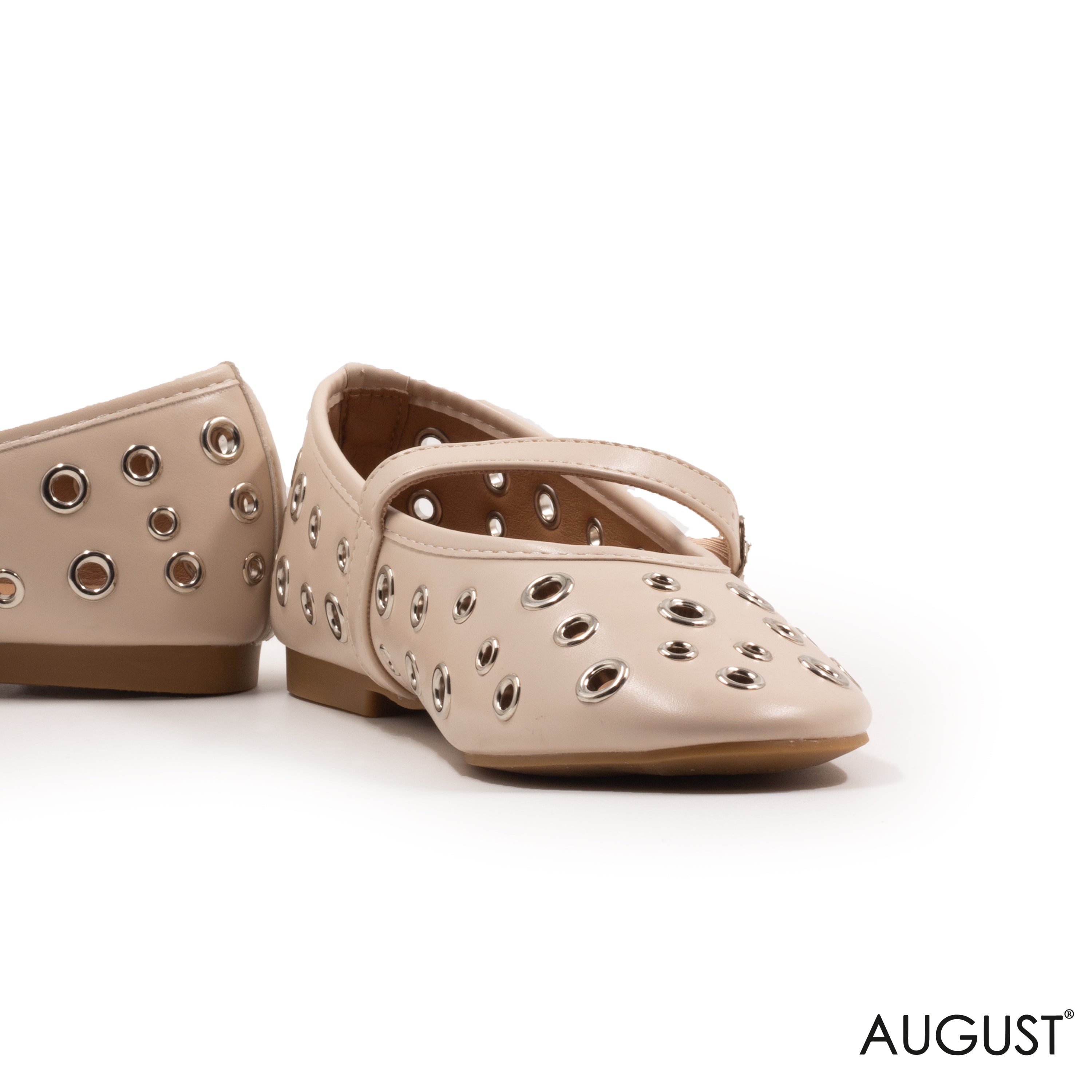 BEIGE LEATHER FLAT BALLET WITH METAL EYELETS AND BUCKLE
