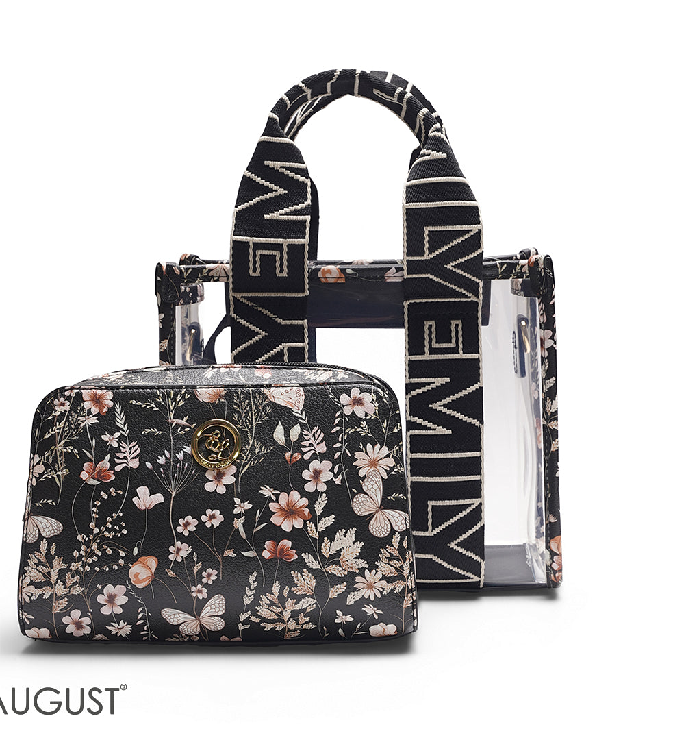 BLACK TRANSPARENT BAG WITH FLORAL INNER POUCH