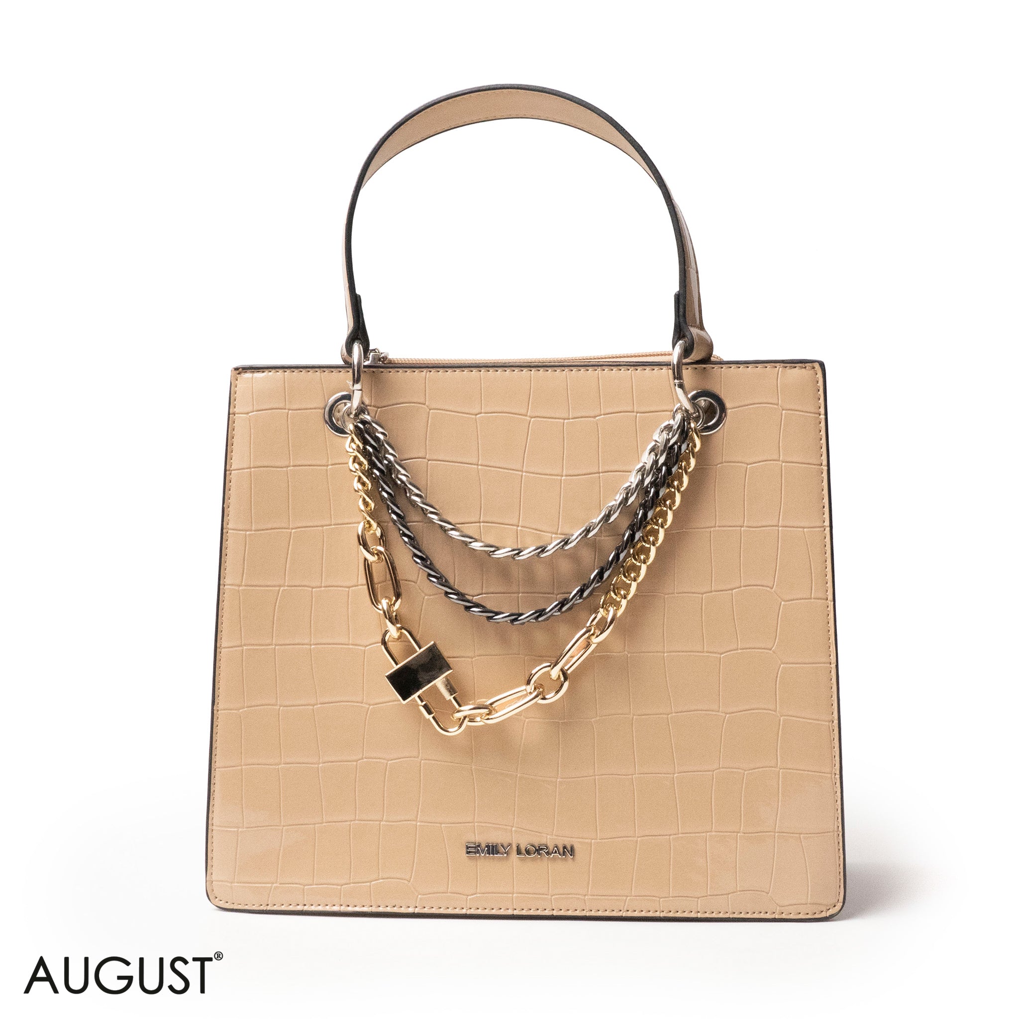 BEIGE LEATHER HANDBAG WITH METAL CHAIN ACCENTS - MED
