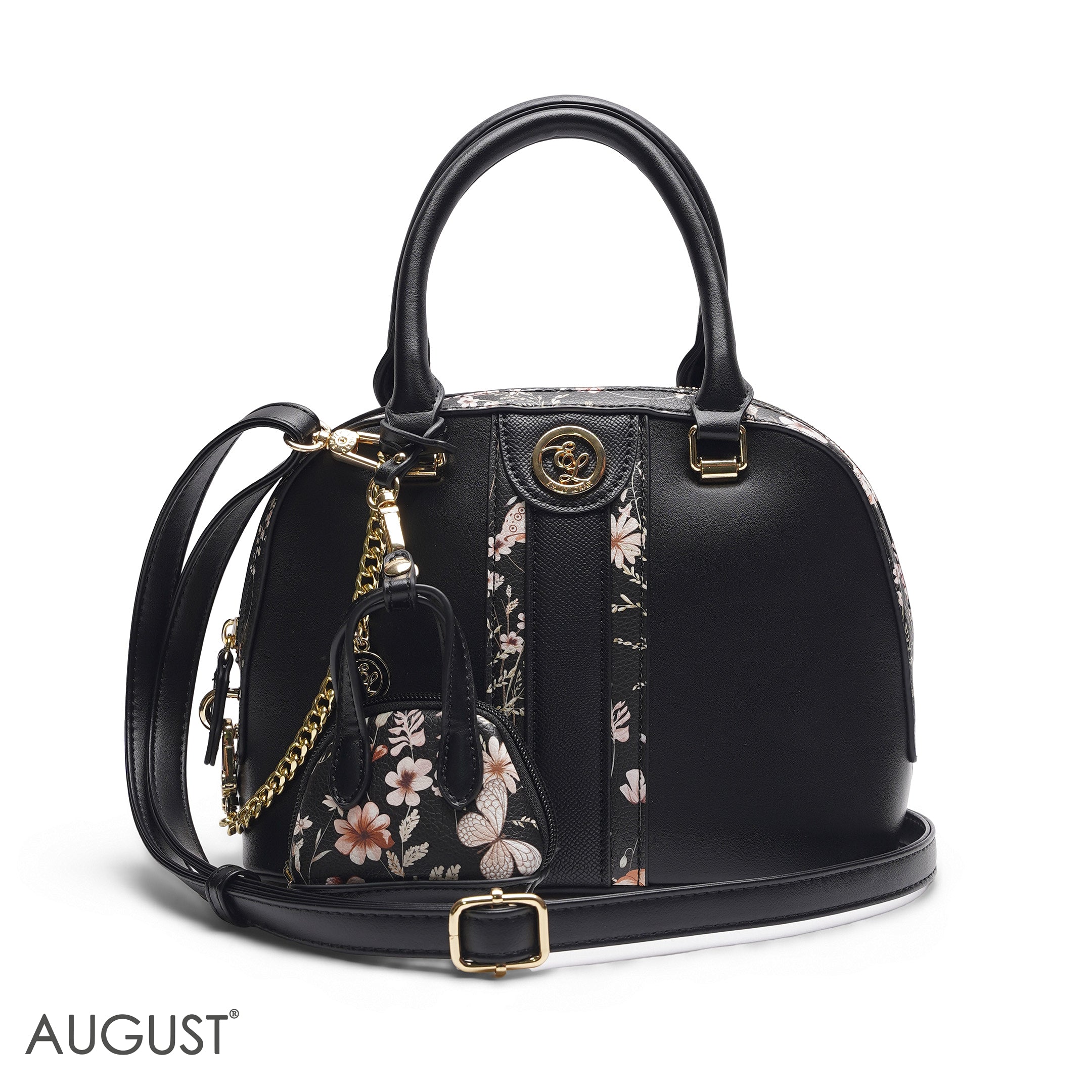 BLACK DOME BAG WITH PINK FLORAL PRINT - SMALL