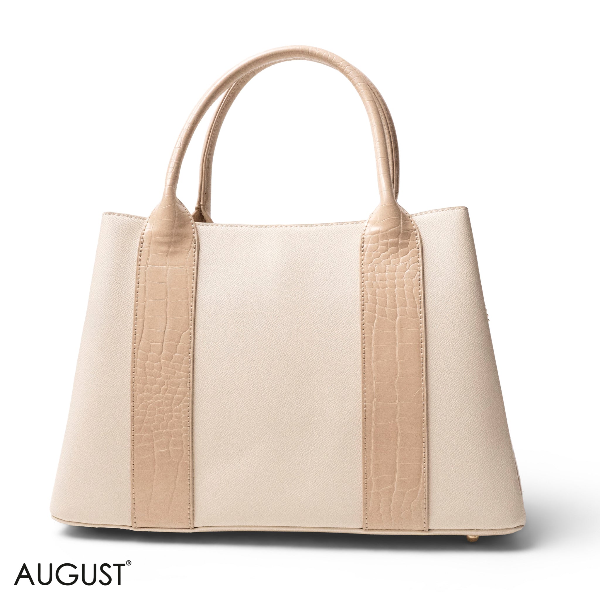 BEIGE SMOOTH LEATHER HANDBAG WITH CROC DESIGN -LARGE