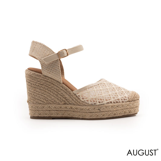 OFF WHITE LACE DATAIL WEDGE SANDALS WITH BUCKLE