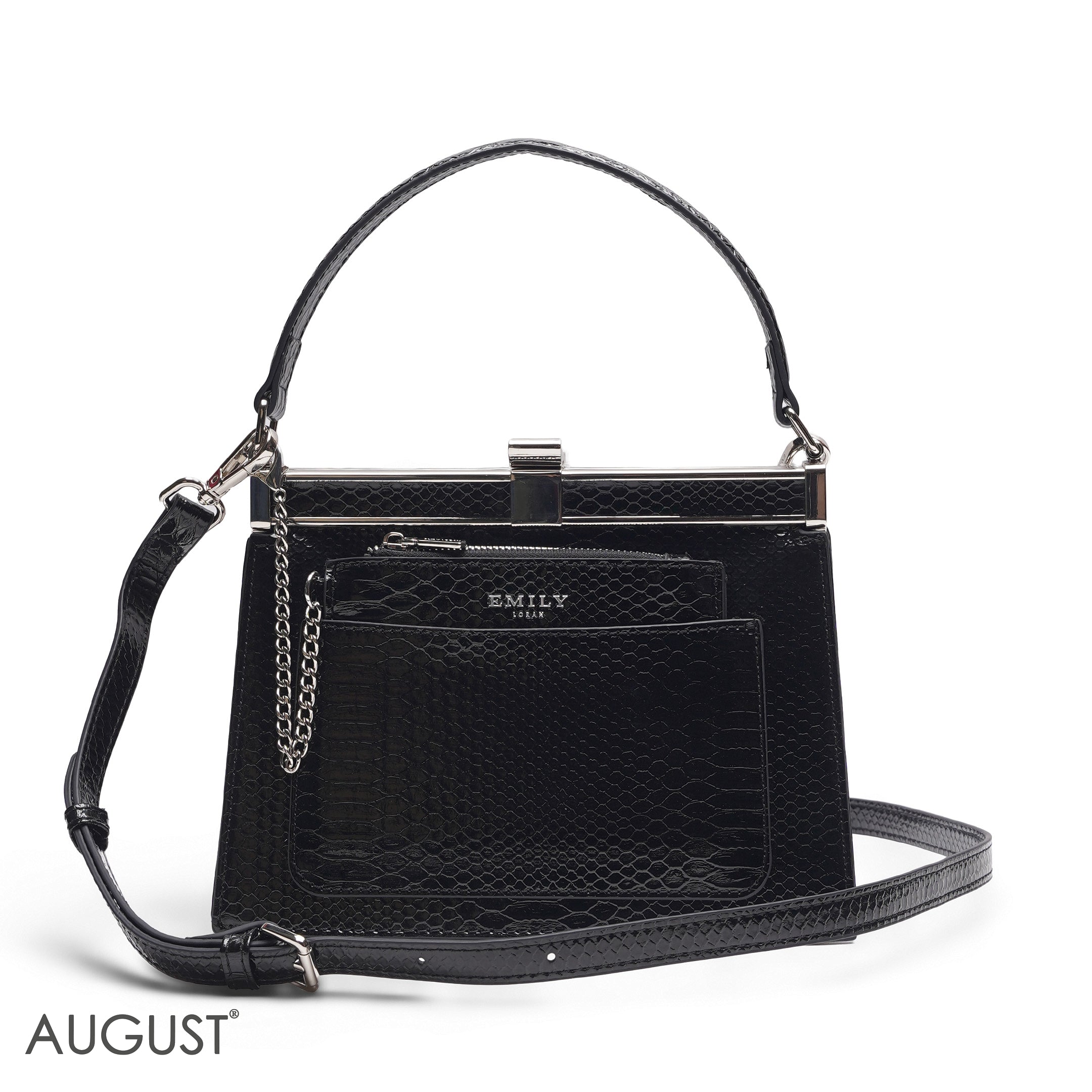 EMILY SOLID BLACK SNAKESKIN FRAME BAG WITH MINI POUCH - MED